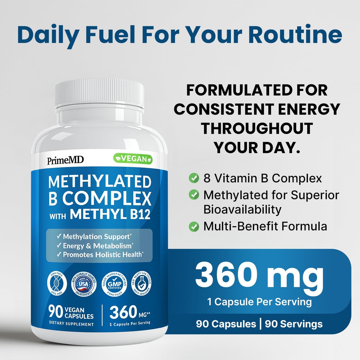 Methylated B Complex with Methylfolate and B12 Methylcobalamin 1000 mcg - Methylated Multivitamin for Energy, Brain Function, and Wellness - Vitamin B Complex for Men & Women (90 Servings) (Pack of 1) PrimeMDBuy Supplements Australia
