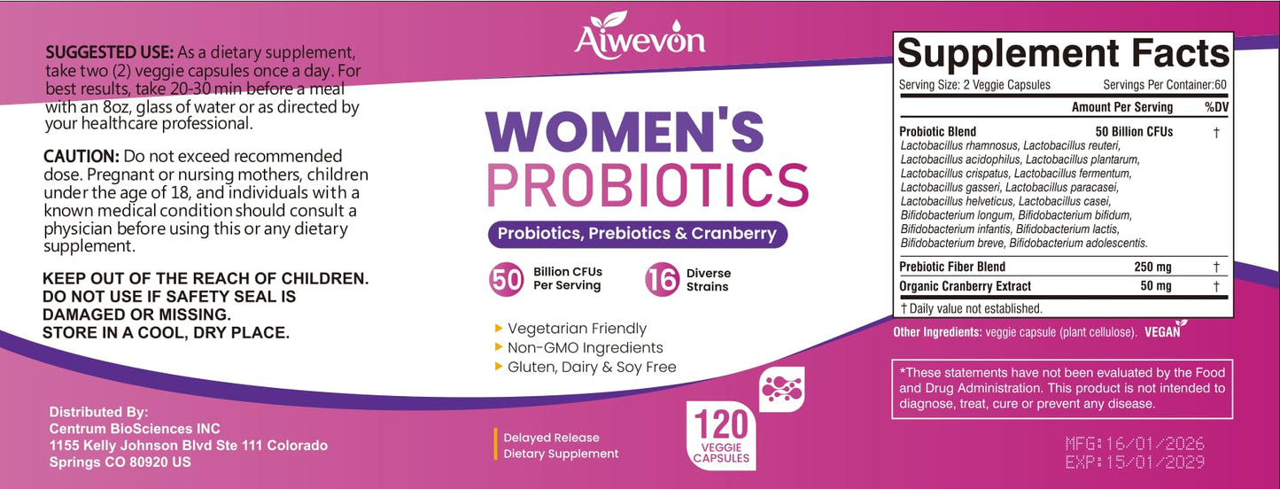Women Probiotics 50 Billion CFU: Probiotics for Women with Prebiotics & Cranberry, 16 Strain Probiotic Supplement for Digestive Gut Health, Vaginal & Urinary Tract Support