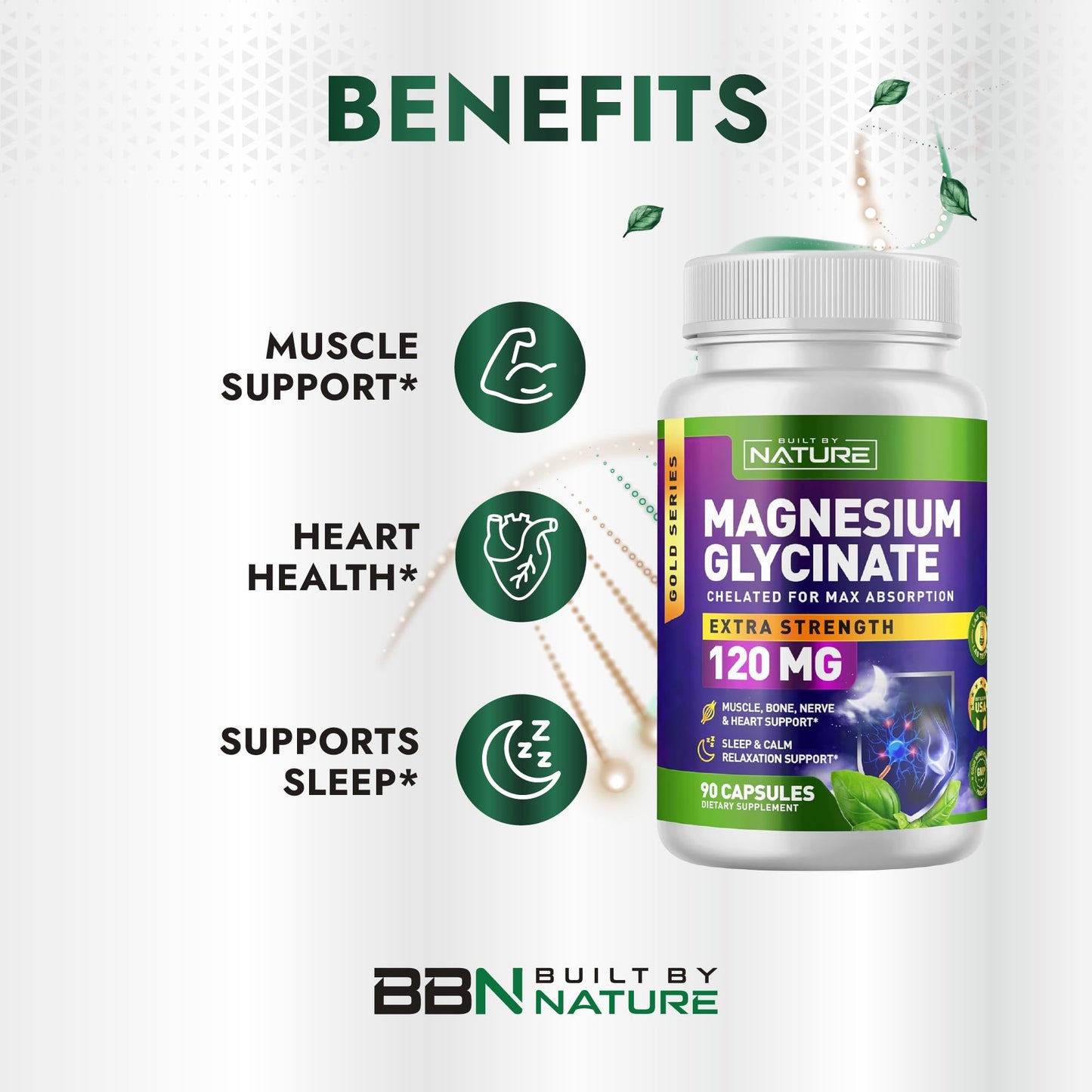 Built By Nature Magnesium Glycinate - Chelated for High Absorption – Supplement to Support Sleep, Muscle, Heart & Nerve Health - 120 mg Magnesium per Serving/Capsule - 90 Capsules Built by NatureBuy Supplements Australia