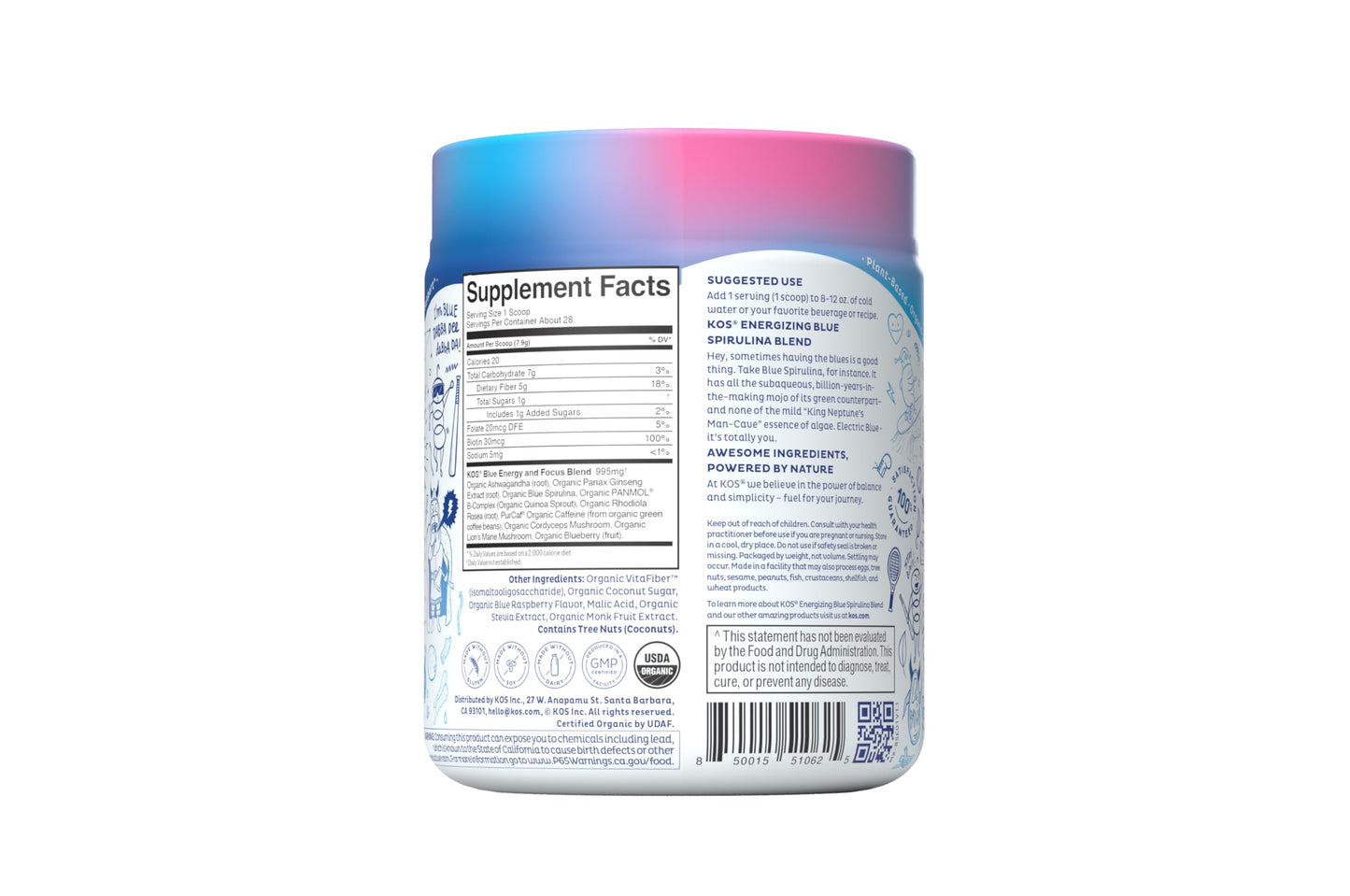 KOS Energizing Blue Spirulina Blend - USDA Certified Organic - B Vitamins, Ashwagandha, Ginseng, Adaptogens, Biotin - Vegan Pre Workout Powder - Caffeinated, Berry Flavored, 28 Servings KOS buy supplements Au