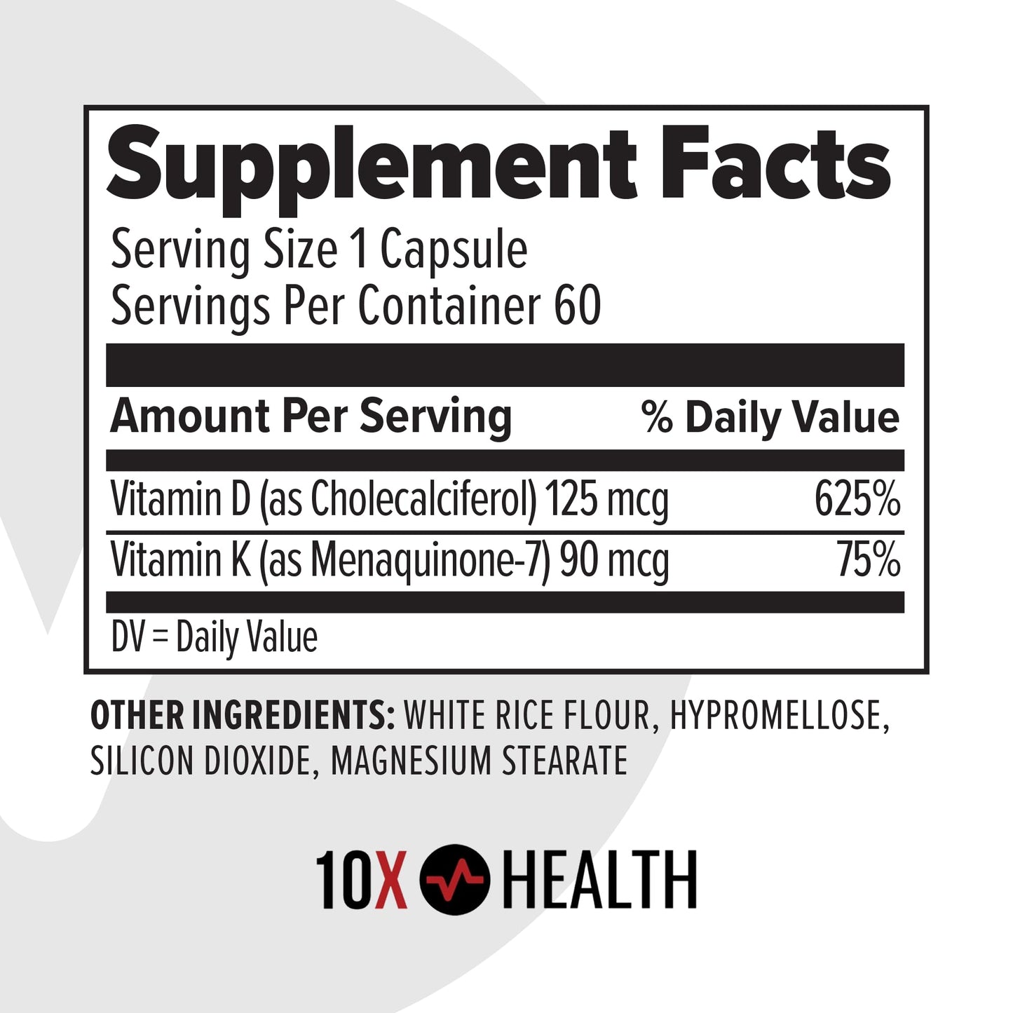 10X Health Vitamin D3 5000 IU & K2 MK7 - Menaquinone 7, High-Potency D3 K2 Vitamin Supplement for Bone Health, Heart and Teeth - 125 mcg Vitamin D & 90 mcg Vitamin K2-60 Capsules 10X Health System buy supplements Au