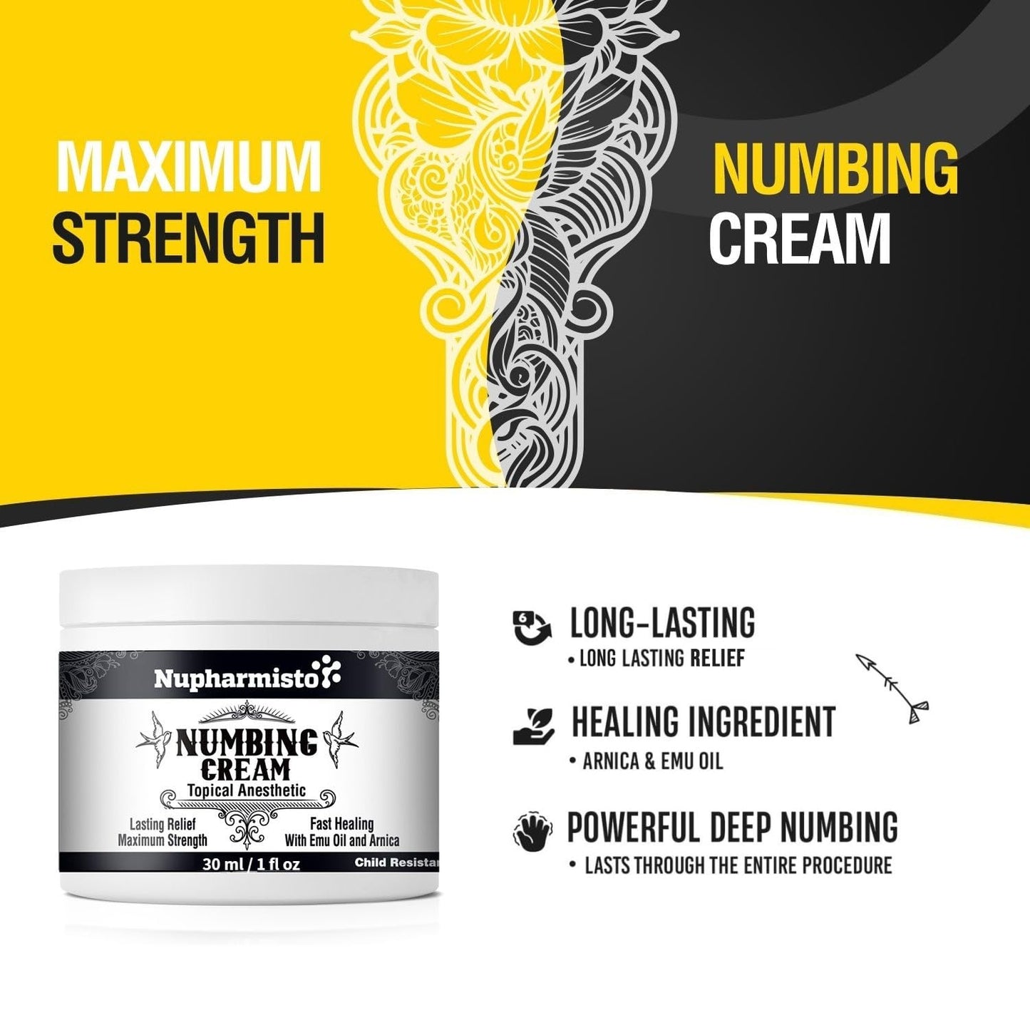 Nupharmisto Numbing Cream Maximum Strength : Long Lasting Numbing Cream with 5X Numbing - Emu Oil and Arnica 30 ml / 1 fl oz NupharmistoBuy Supplements Australia