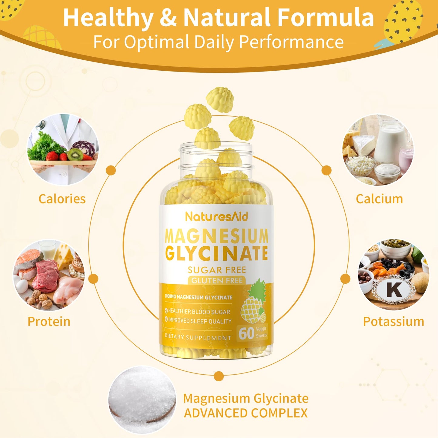 Magnesium Glycinate Gummies 1000mg - Sugar Free Magnesium Potassium Supplement with Vitamin D, B6, CoQ10 for Calm Mood & Sleep Support - 60 Pineapple Gummies -1 Pack Natures AidBuy Supplements Australia
