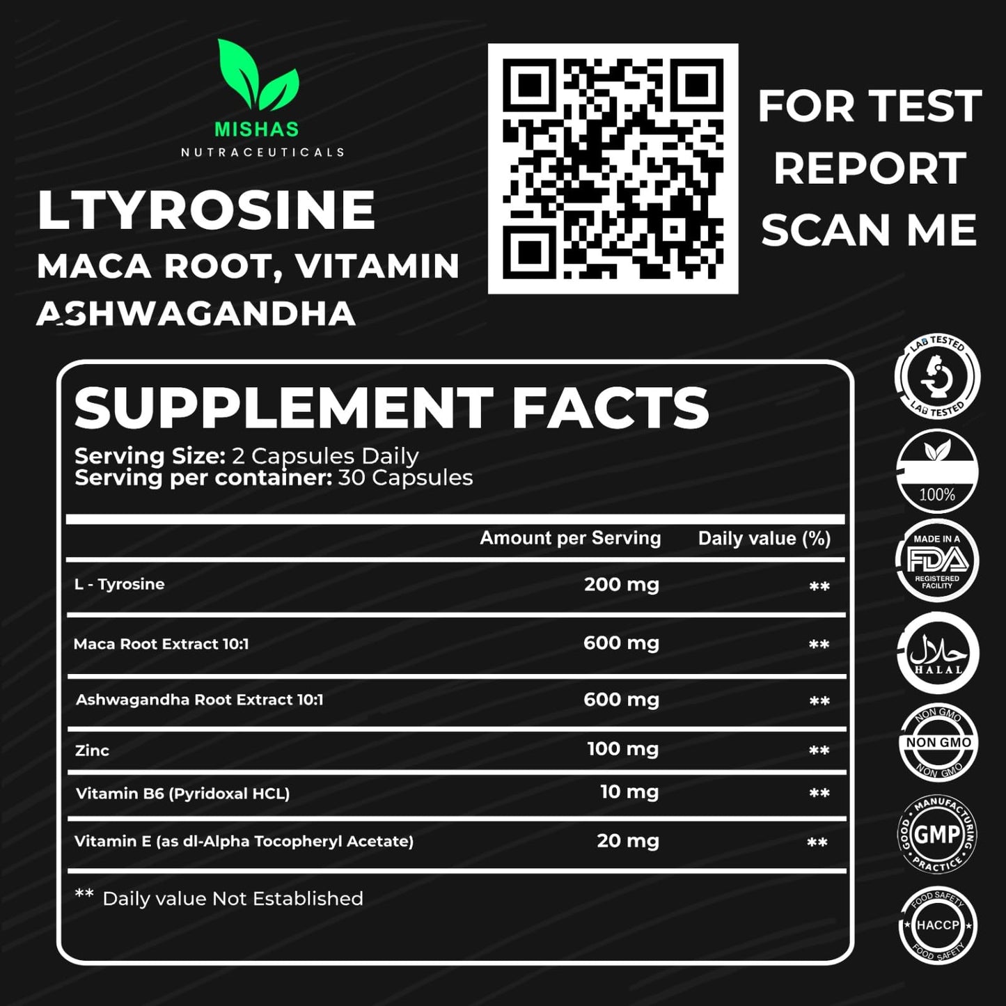 Mishas Nutraceuticals L-Tyrosine with Maca Root, Ashwagandha & Vitamins Complex – Energy, Mental Focus, Stress Relief & Immunity Support – 60 Capsules (30 Servings) MishasBuy Supplements Australia