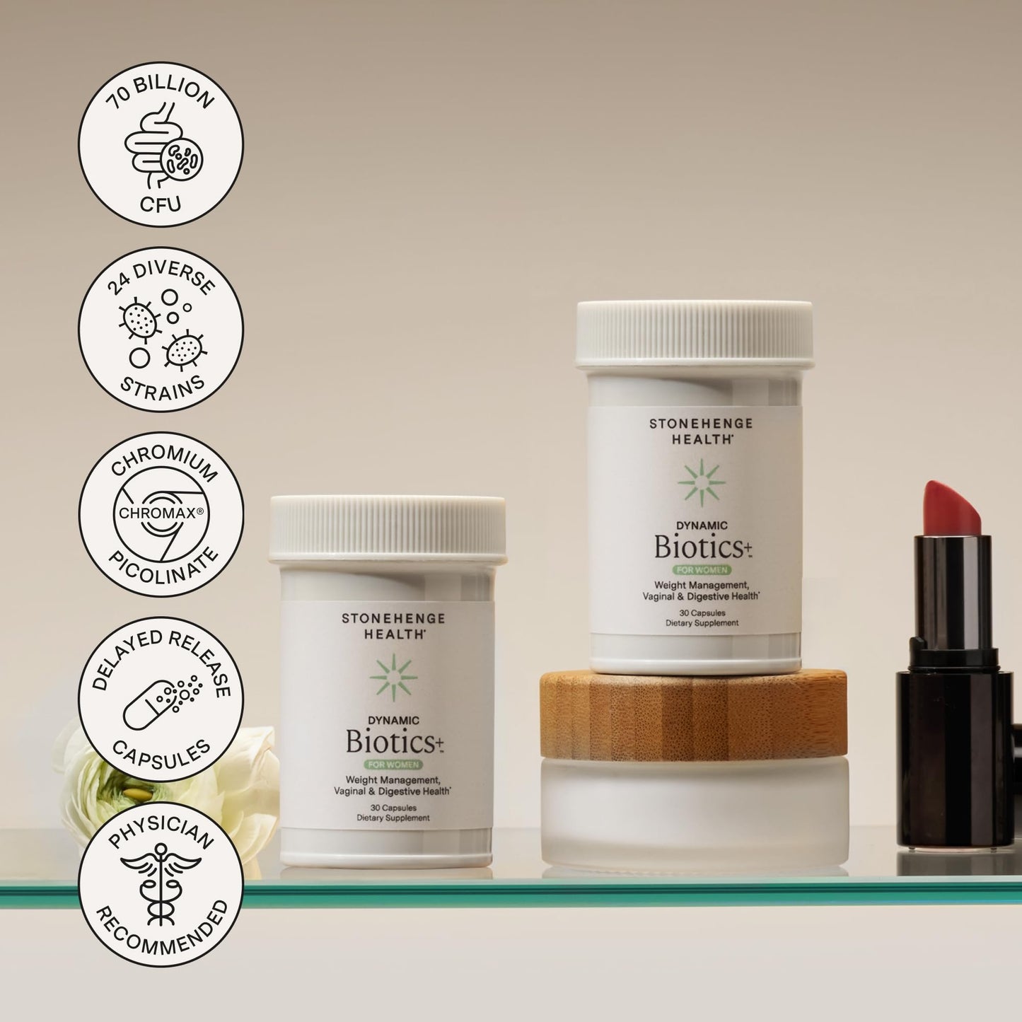 Stonehenge Health Biotics for Women Probiotic 70 Billion CFU, 24 Strains + Prebiotic Fiber, Weight Management, Focus & Mood, Digestive, Vaginal & Immune Support, Non-GMO, 30 Delayed-Release Veg Caps Stonehenge Health buy supplements Au