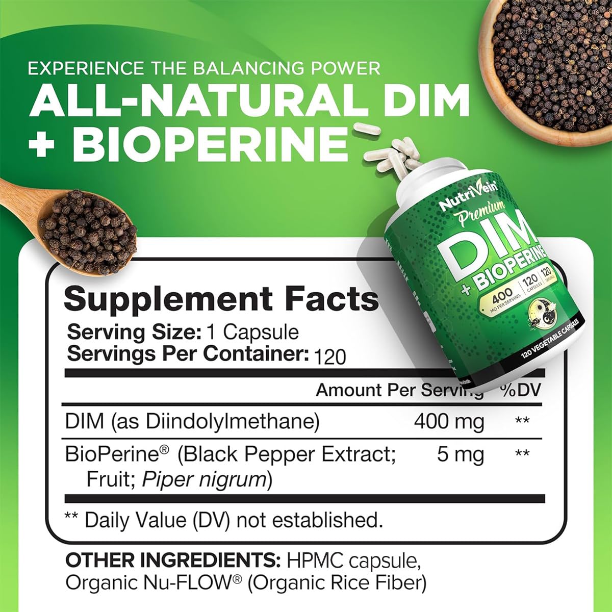 Nutrivein Premium DIM Supplement 400 mg Daily - 120 Servings (120 Capsules): Diindolylmethane for Women and Men - Plus Bioperine - Estrogen Supplement - Menopause and Middle Age Support NutriveinBuy Supplements Australia