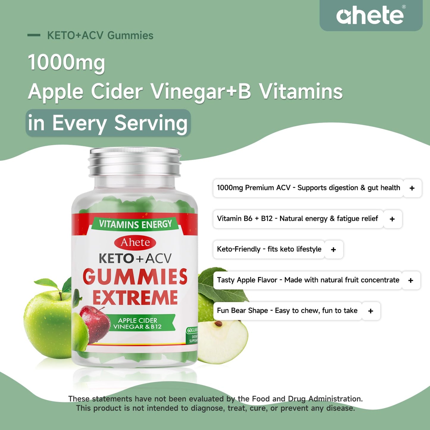 Ahete Keto Apple Cider Vinegar Gummies with Vitamin B6, B12, Folate & Beet Root, Keto ACV Gummies Supports Daily Wellness & Metabolism, Natural Apple Flavor, 60 Gummies (30 Day Supply) AheteBuy Supplements Australia