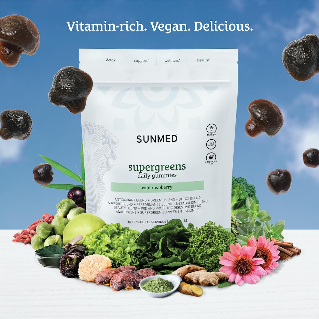 SUNMED Supergreens Daily Gummies – Wellness Blend with Ashwagandha, Green Tea, Spirulina, Probiotics, Antioxidants & Detox Support for Immunity, Gut, Skin & Brain Health | Wild Raspberry, 60ct SUNMEDBuy Supplements Australia