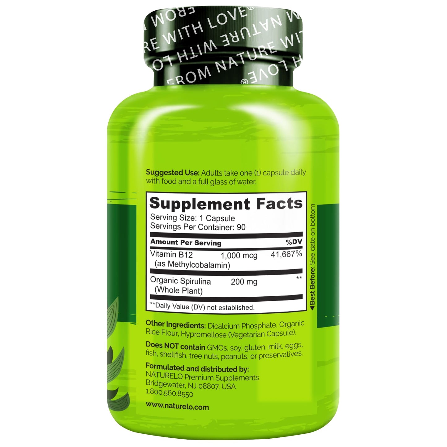 NATURELO Vegan B12 - Methyl B12 with Organic Spirulina - High Potency Vitamin B12 1000 mcg Methylcobalamin - Supports Healthy Mood