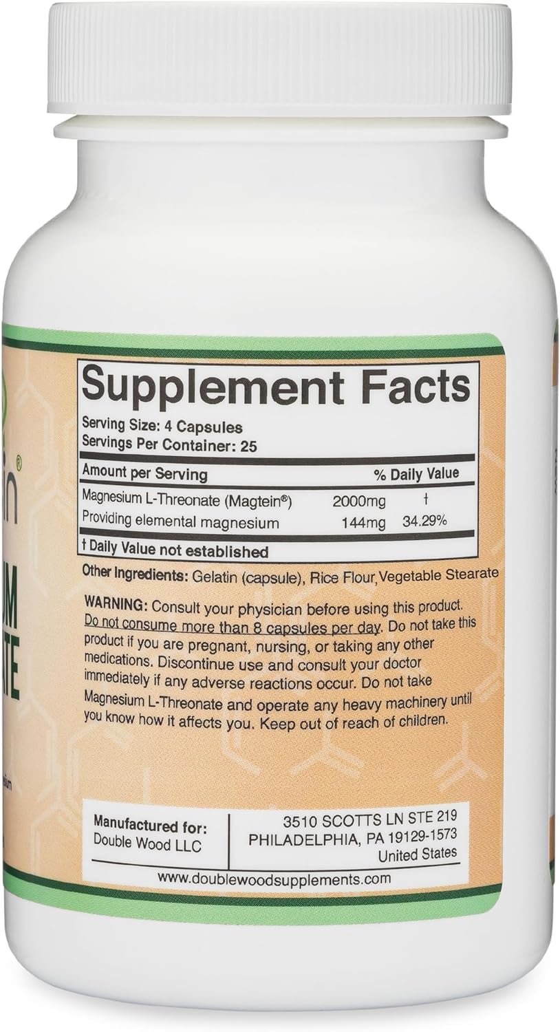 Magnesium L Threonate, Magtein - NSF Certified - Sleep and Cognitive Support – High Absorption – Most Bioavailable Form of Magnesium – 2,000 mg – 120 Capsules Double Wood Supplements buy supplements Au