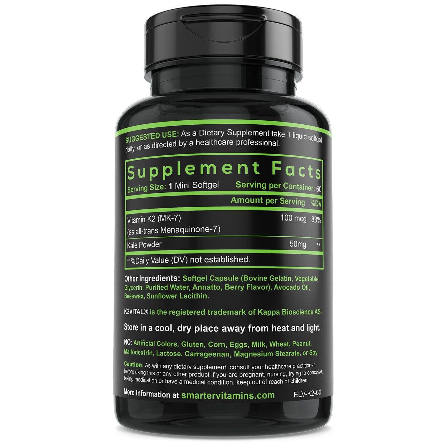 Smarter Vitamin K2 MK7 100mcg, Made with K2VITAL and Kale, 60 Liquid Softgels SmarterVitamins buy supplements Au