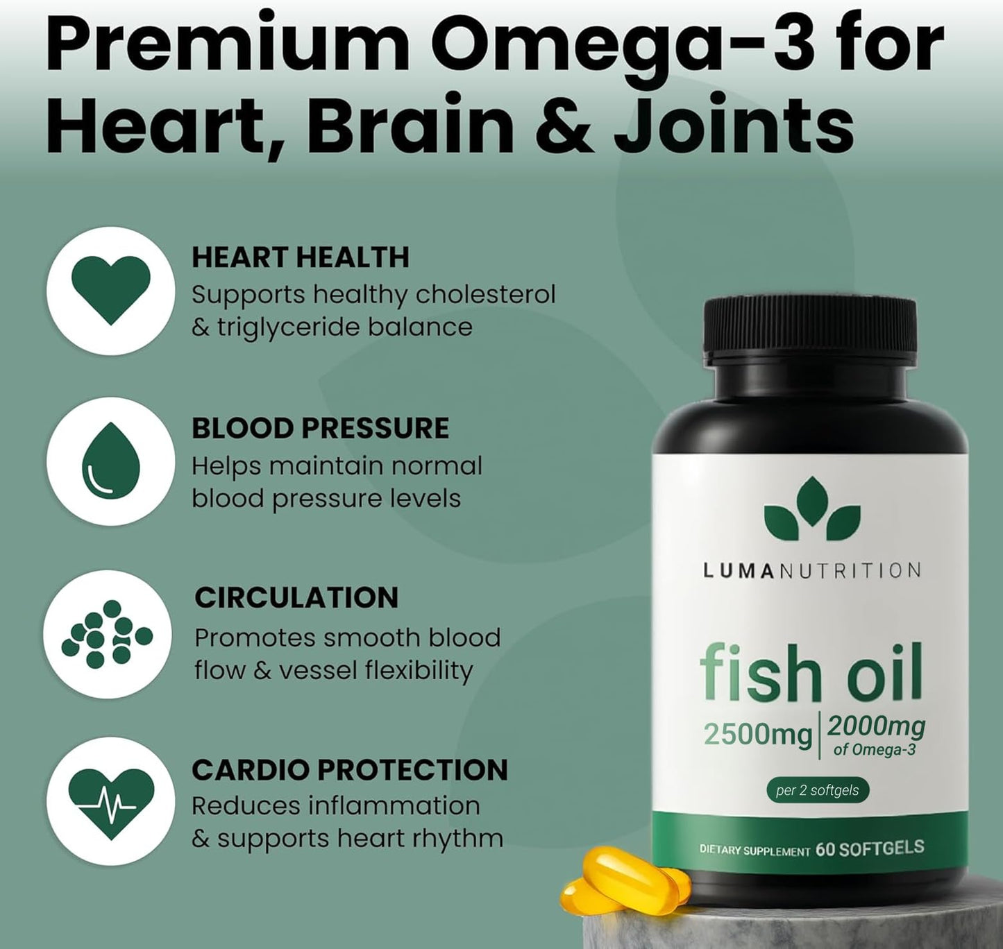 Luma Nutrition Omega 3 Fish Oil Supplement - Extra Strength 2500mg Per Serving - 2000mg EPA & DHA Per Serving - Brain and Heart Health - 60 Softgels, 30 Servings Luma NutritionBuy Supplements Australia