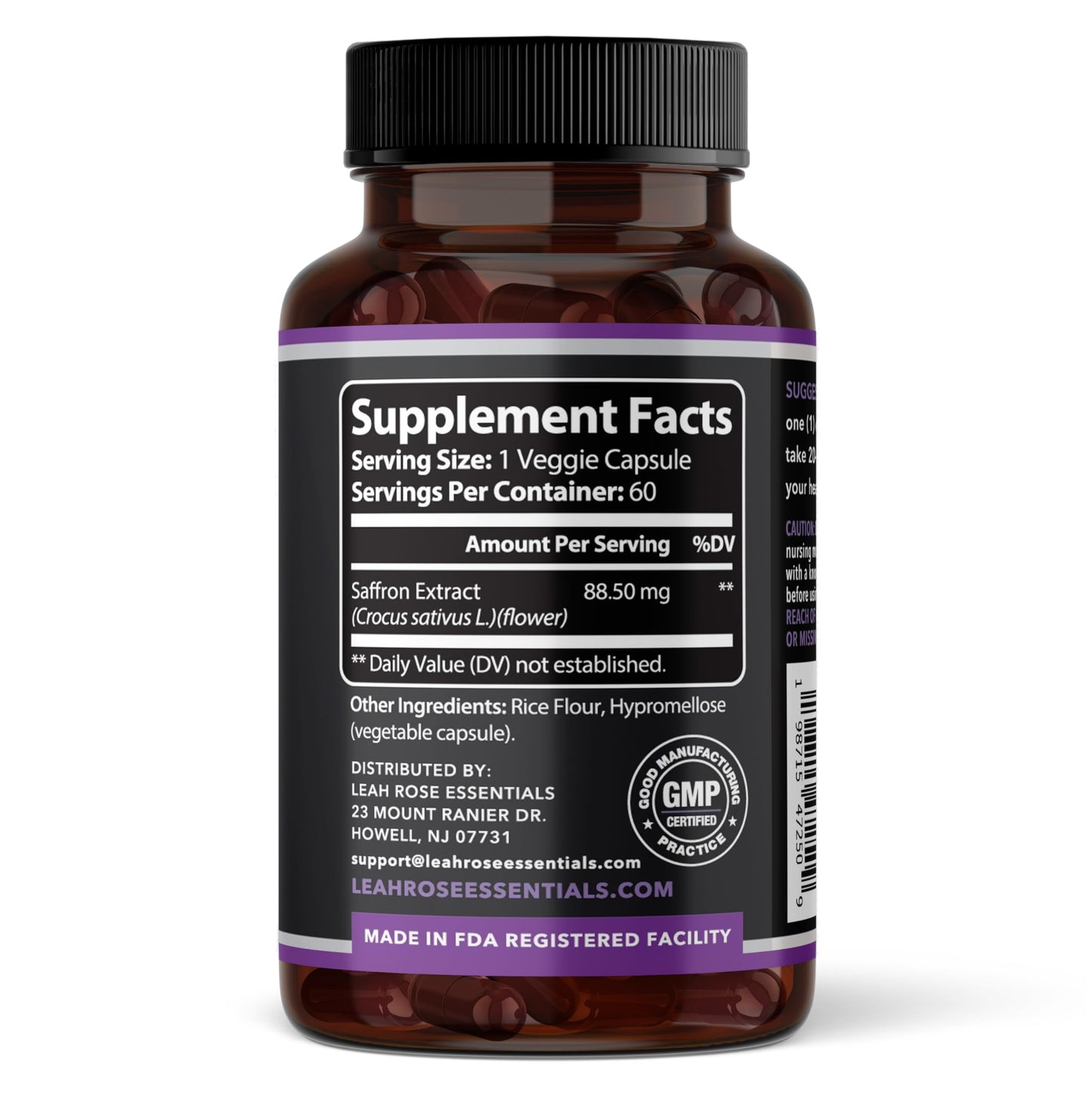 Leah Rose Essentials Saffron Supplement 88.5mg | Mood, Focus, and Stress Support | 60 Premium Saffron Extract Capsules | Made in the USA | 3rd Party Lab Tested | Non-GMO, Vegan, Gluten-Free