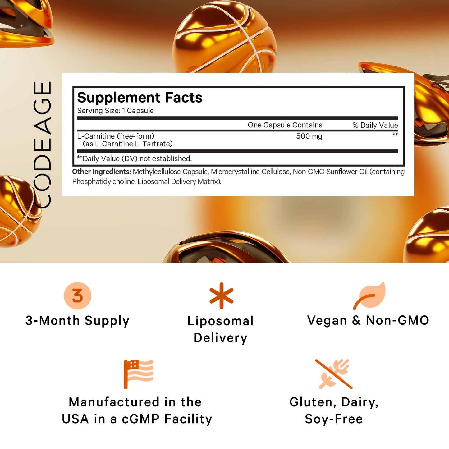 Codeage Liposomal L-Carnitine+ Supplement - 500 mg L-Carnitine L-Tartrate per Serving - Free-Form Amino Acid - Carnitine - Liposomal Delivery - Vegan, Non-GMO, Gluten-Free - 90 Capsules CodeageBuy Supplements Australia