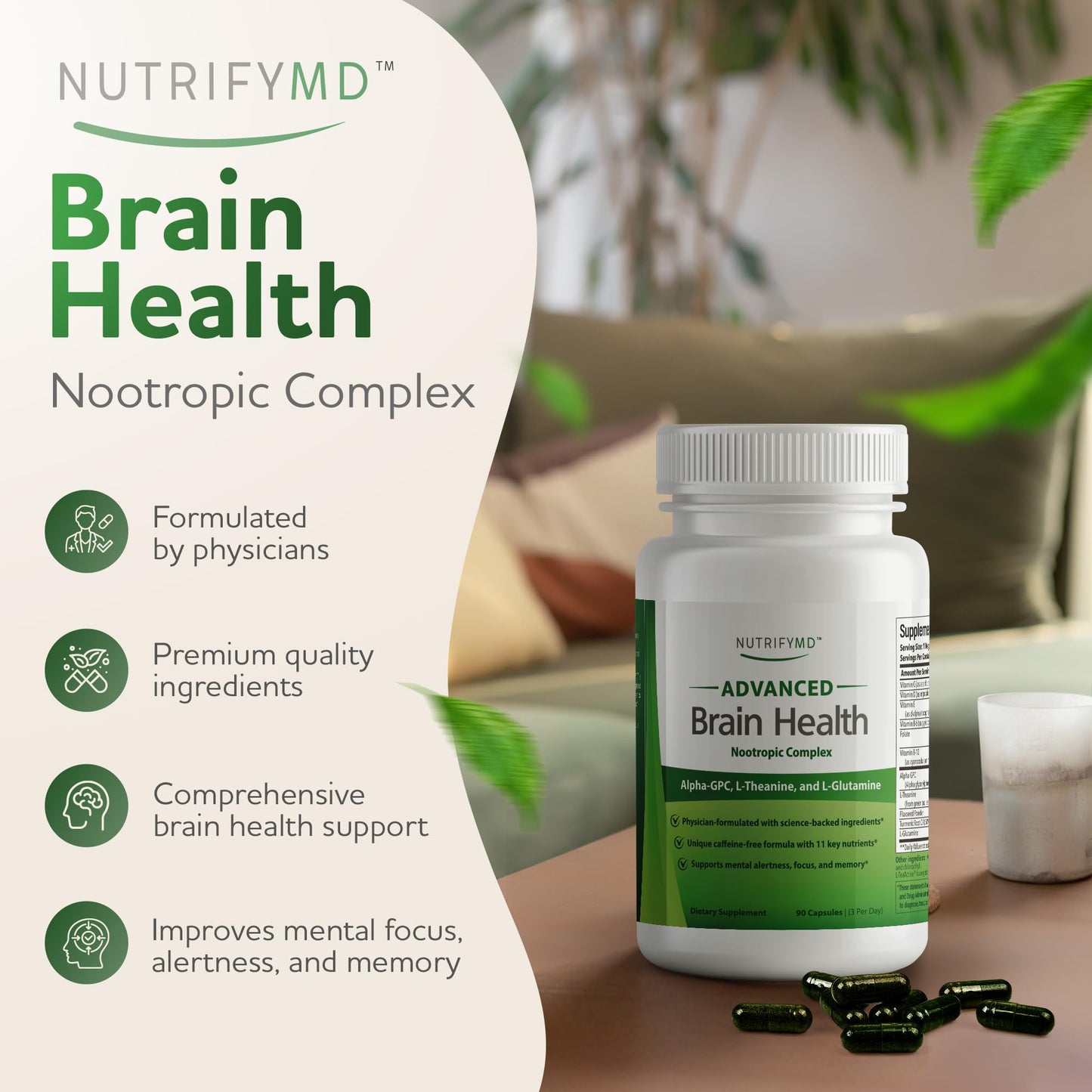 Advanced Brain Health Supplement with Alpha GPC, L-Theanine, L-Glutamine for Memory and Focus - 90 Capsules NutrifyMDBuy Supplements Australia