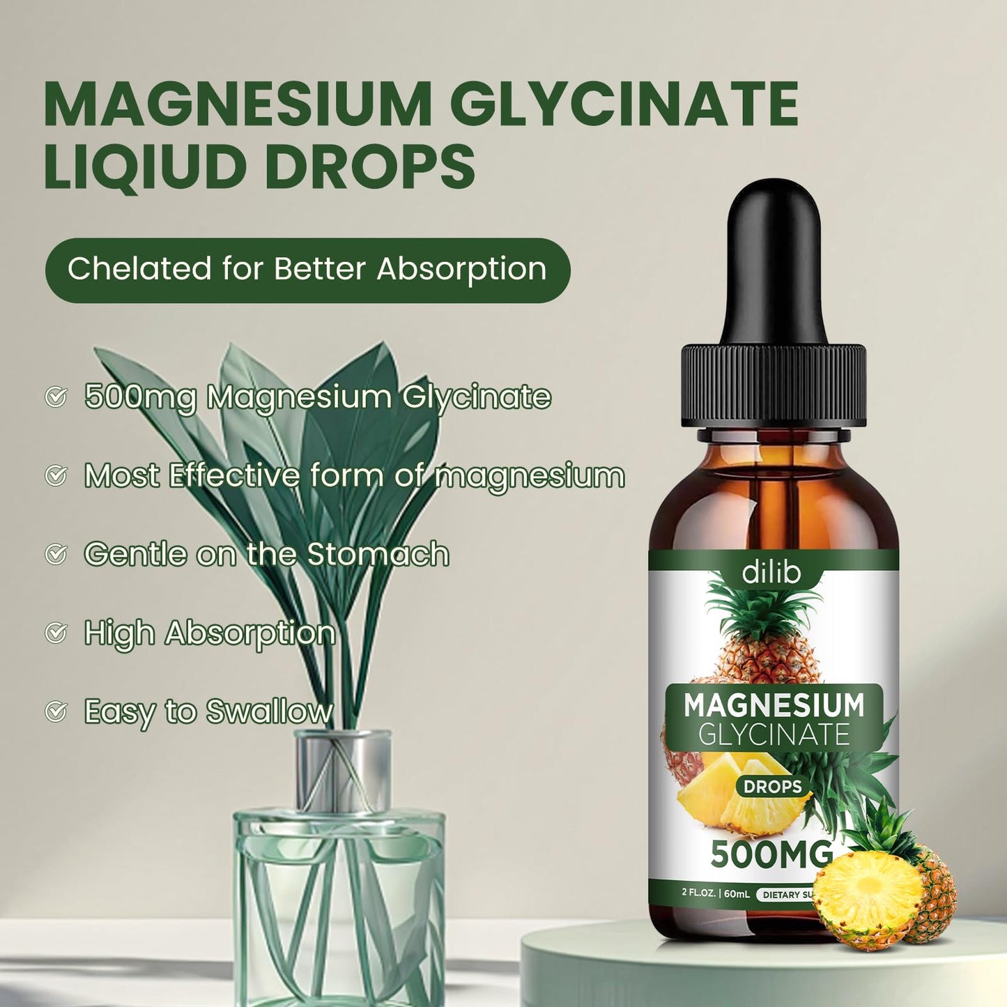 Magnesium Glycinate Supplement, Liquid Magnesium Glycinate Liquid Drops 500mg-Support Stress Relief, Relaxation, Mood, Sleep, Bone & Muscle-2 Fl Oz, Vegan, Pineapple Flavor dilibBuy Supplements Australia