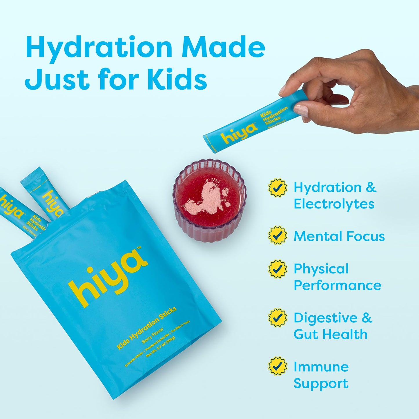 Hiya Kids Hydration with Electrolytes - Zero Added Sugar Berry Flavored Kids Hydration Packets - 15 Sticks - Travel-Friendly Drink Mix for Children Ages 2+ HIYABuy Supplements Australia