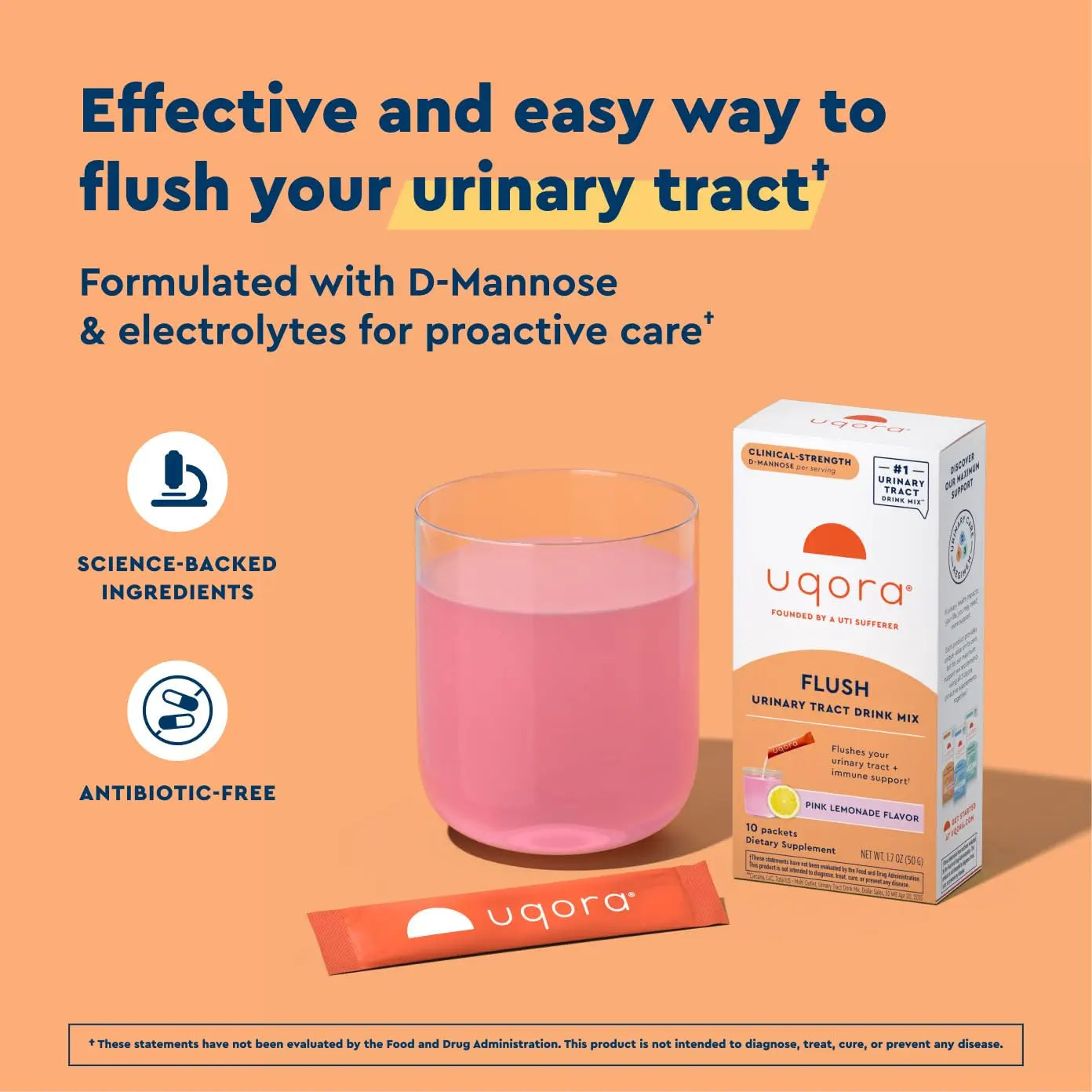 Uqora Flush - Urinary Tract* with D-Mannose, Vitamin C, Vitamin B6, Potassium, Magnesium & Calcium - Gluten-Free & Vegan - Pink Lemonade Flavor - 10 Packets (1 Pack) UqoraBuy Supplements Australia
