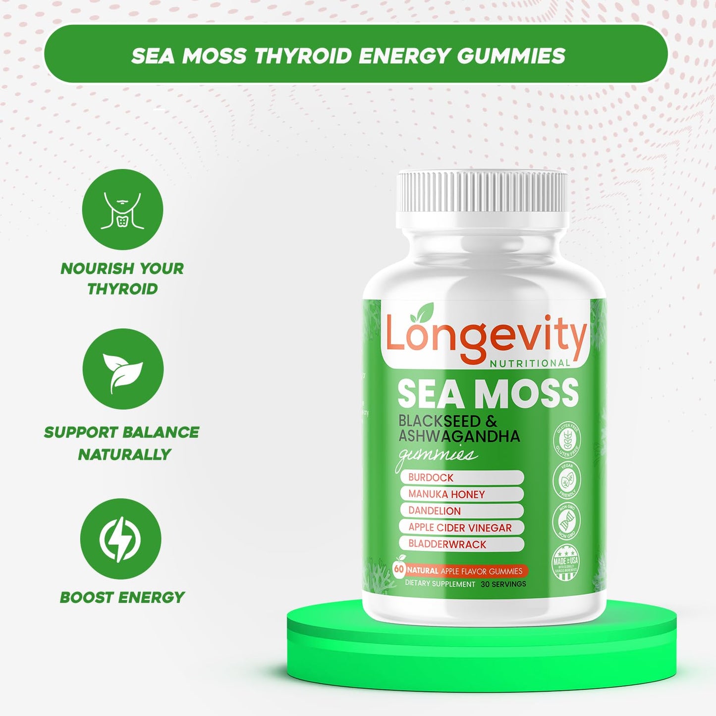 Longevity Nutritional Sea Moss, Thyroid Energy Vitamins Mineral Burdock Manuka Honey Dandelion Apple Cider Bladderwrack Ashwagandha Extract Turmeric Antioxidant Boost Immune Superfood Gummies Longevity NutritionalBuy Supplements Australia