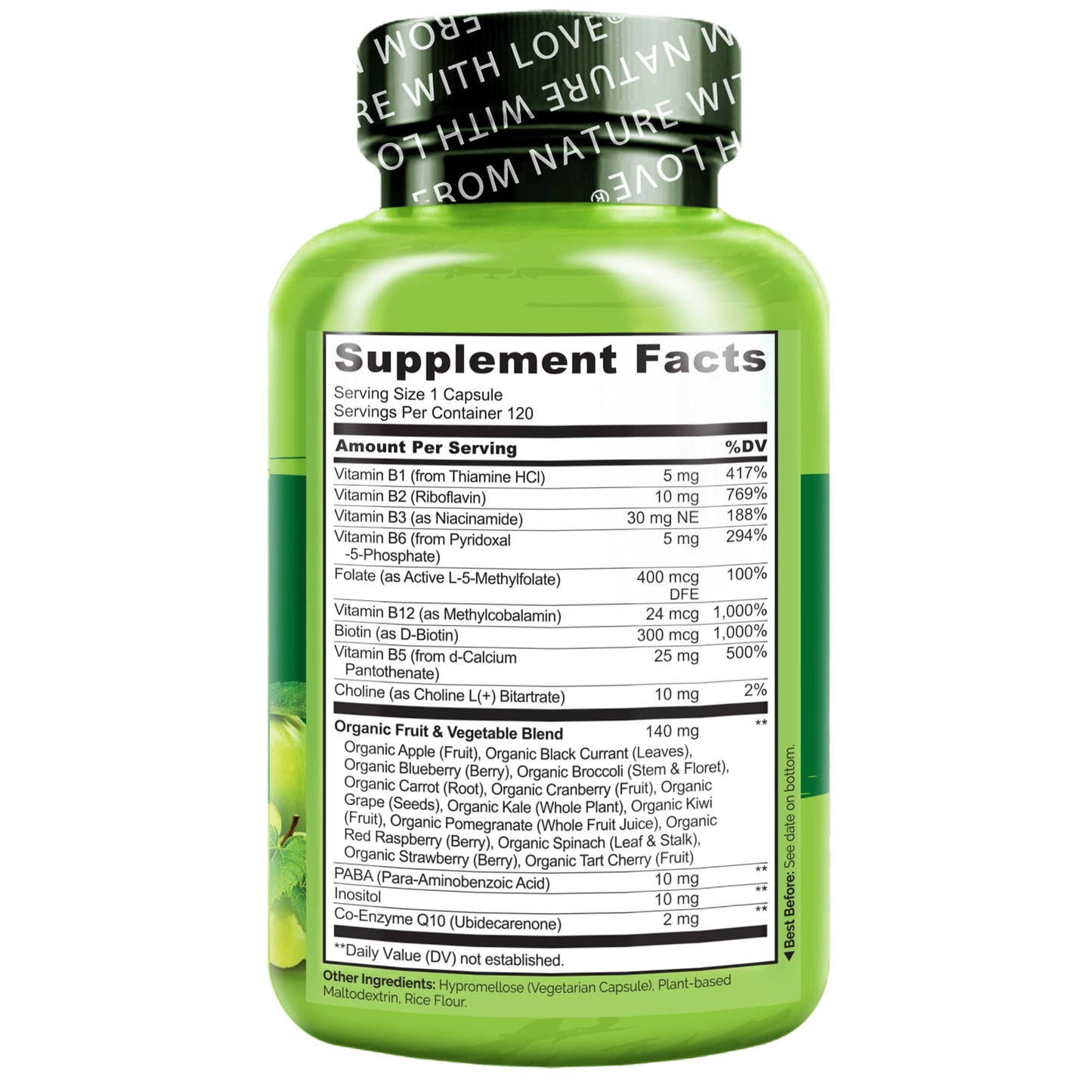 NATURELO Vitamin B Complex,120 Capsules, Vegan, CoQ10, Methyl Folate, Biotin, Fruit & Veg Blend, Supports Energy and Healthy Stress Response