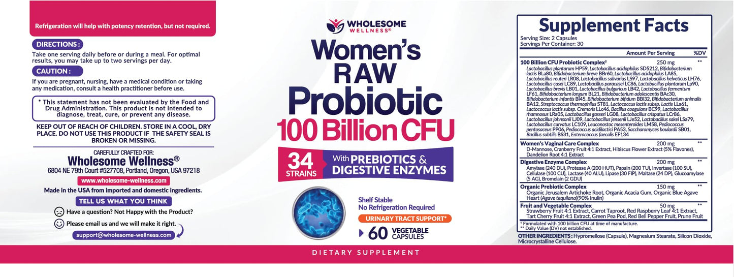 Wholesome Wellness Dr. Formulated Raw Probiotics for Women 100 Billion CFUs Capsules with Prebiotics, Digestive Enzymes