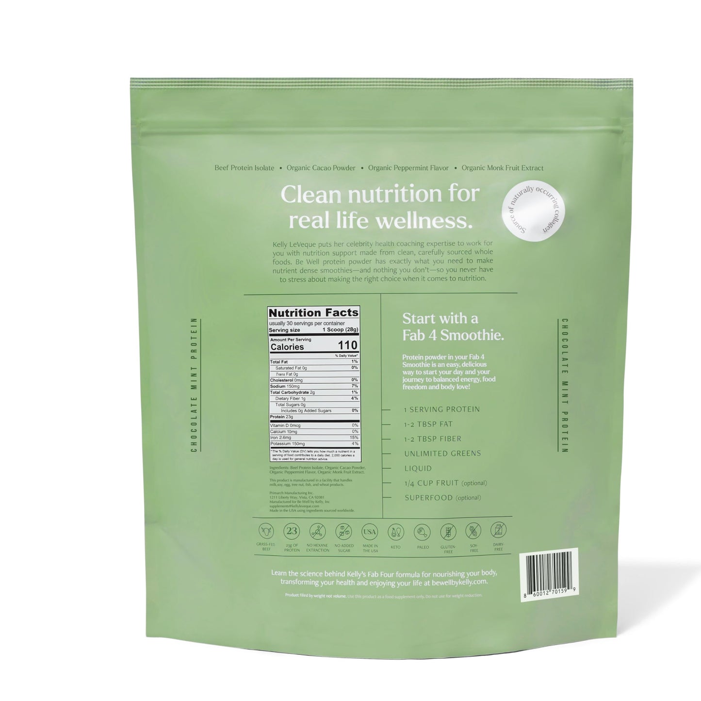 Be Well by Kelly Mint Chocolate Grass-Fed Beef Protein Powder, 23G of Protein & 1G of Carbs (4 Ingredients, 30 Servings) 9 Amino Acids + 3 BCAAs No Soy,