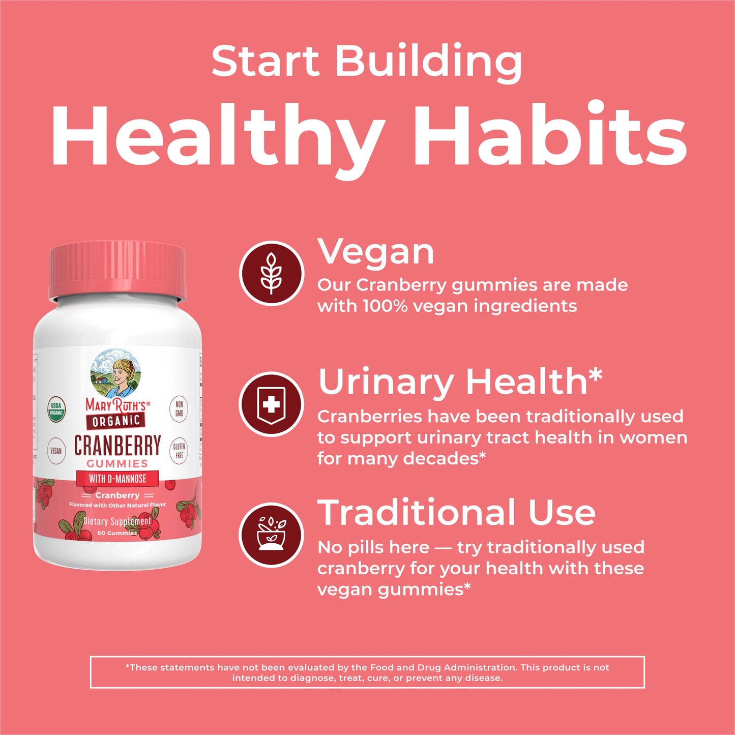 MaryRuth Organics Organic Cranberry Gummies - 500mg Supplement | Urinary Tract Health for Women | with D Mannose | Traditional Use