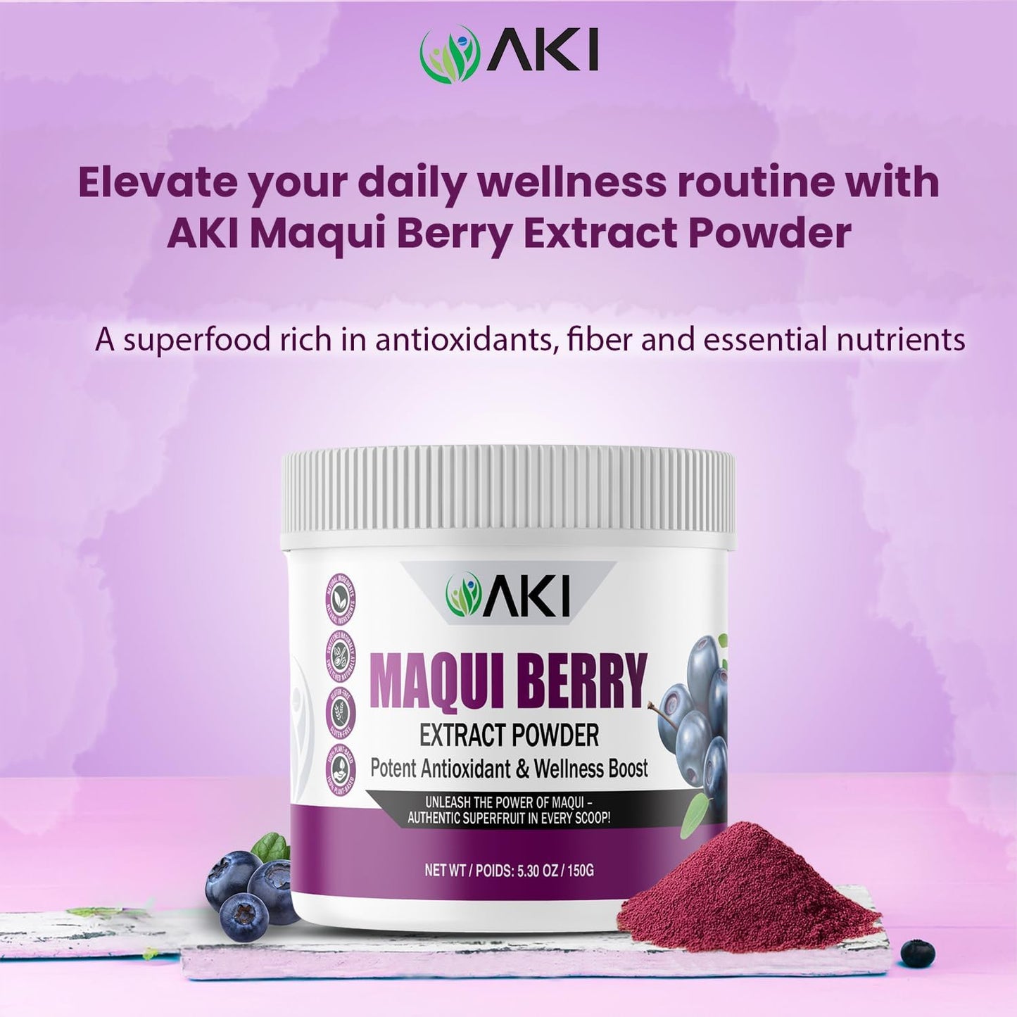 AKI Maqui Berry Extract Powder – Wild Harvested from Patagonia, High in Anthocyanins & Polyphenols, Freeze-Dried Superfruit for Smoothies, Non-GMO, Vegan, 150g/ 5.3 oz AKI ORGANICBuy Supplements Australia