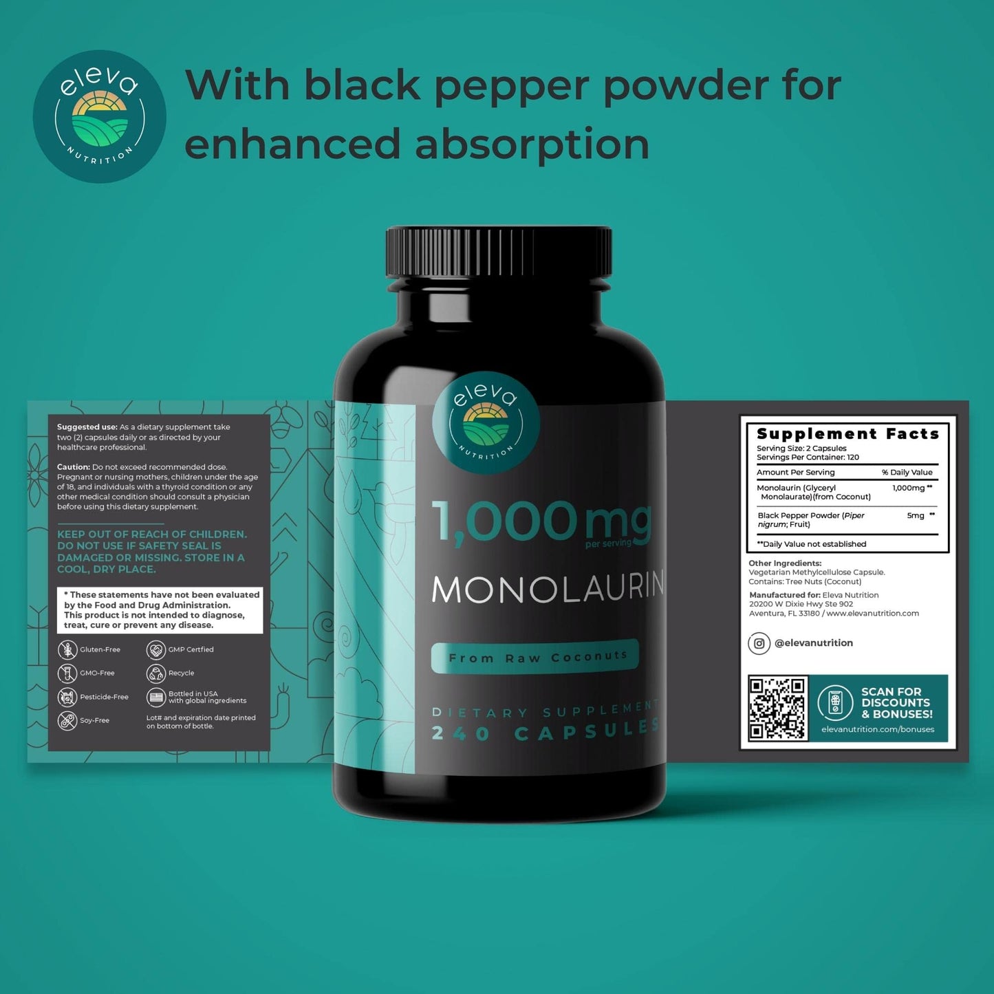 Monolaurin 1000mg Capsules — Made with Pure Glycerol and Lauric Acid from Raw Coconut — Natural Vegans- Non-GMO and Soy Free — 240 Capsules Eleva Nutrition buy supplements Au