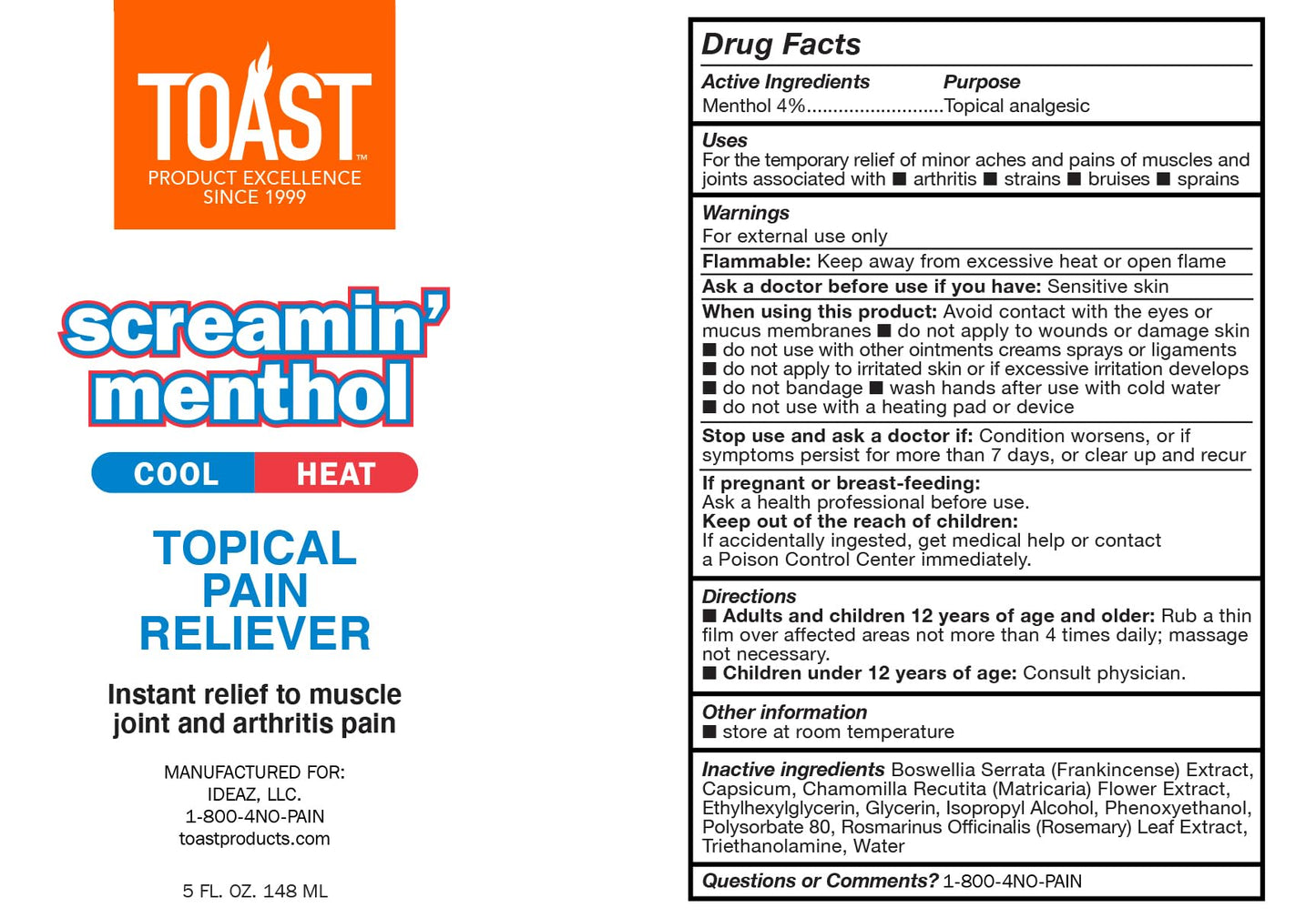 Toast Screamin Menthol Cool Heat Topical Pain Relief Cream for Muscles and Joints - 5 Ounces ToastBuy Supplements Australia