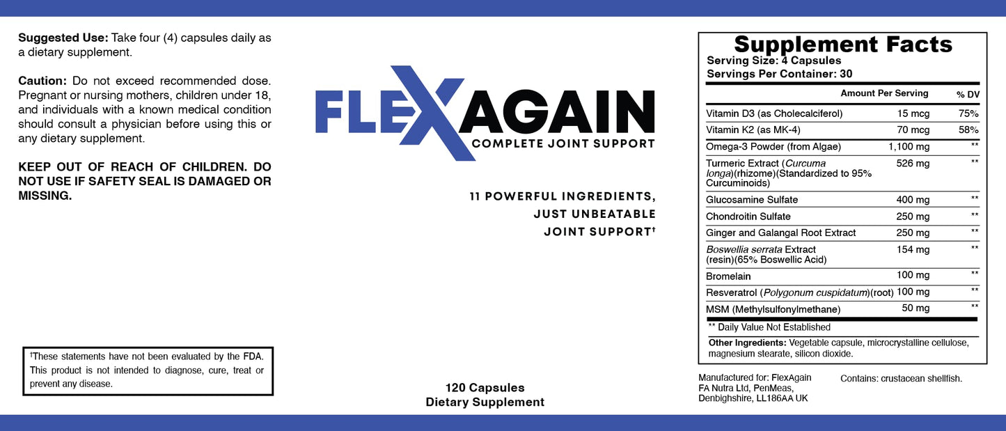 FlexAgain - Fully Comprehensive Joint Support - 120 Capsules - 1 Month Supply FlexAgainBuy Supplements Australia