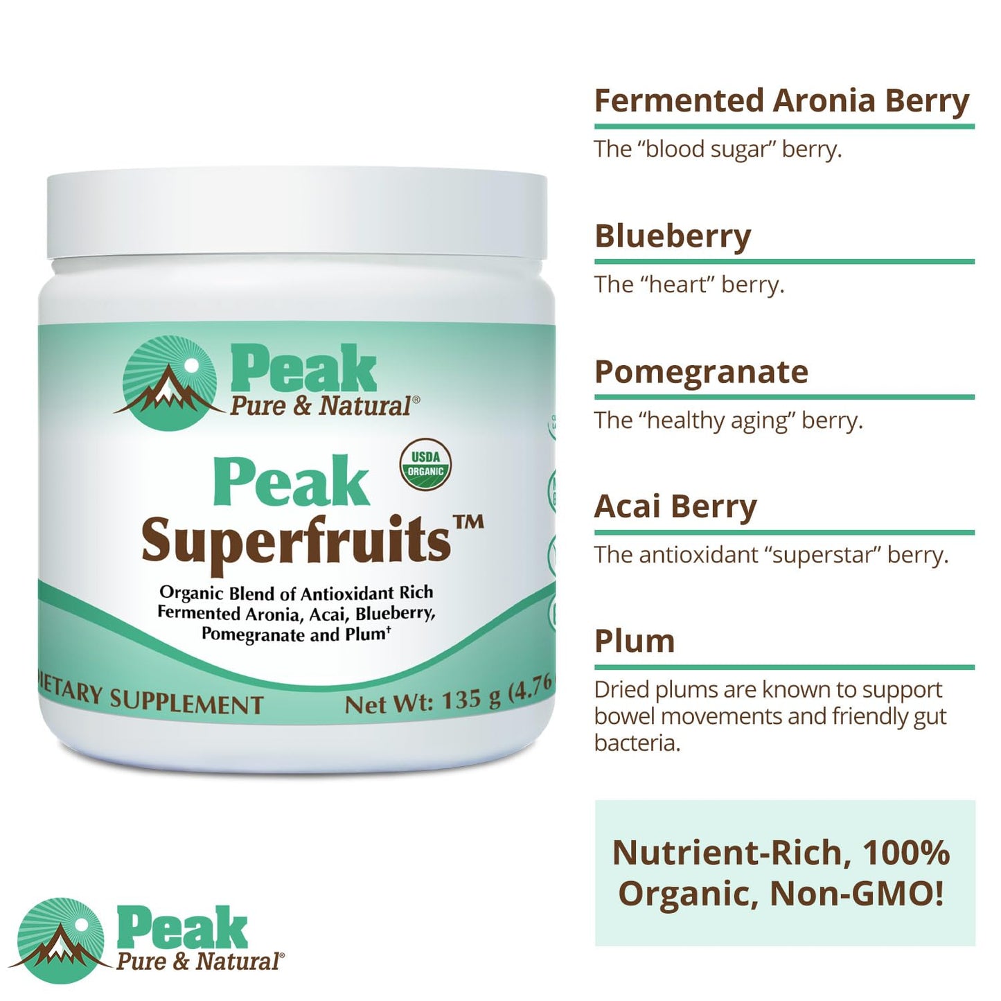 Peak Organic Superfruits - Polyphenol Rich Superfood Powder - Non-GMO Fermented Aronia Berry, Acai, Blueberry, Pomegranate, and Plum - Aging, Metabolic Health, Heart Health (30 Servings) Peak Pure & Natural buy supplements Au