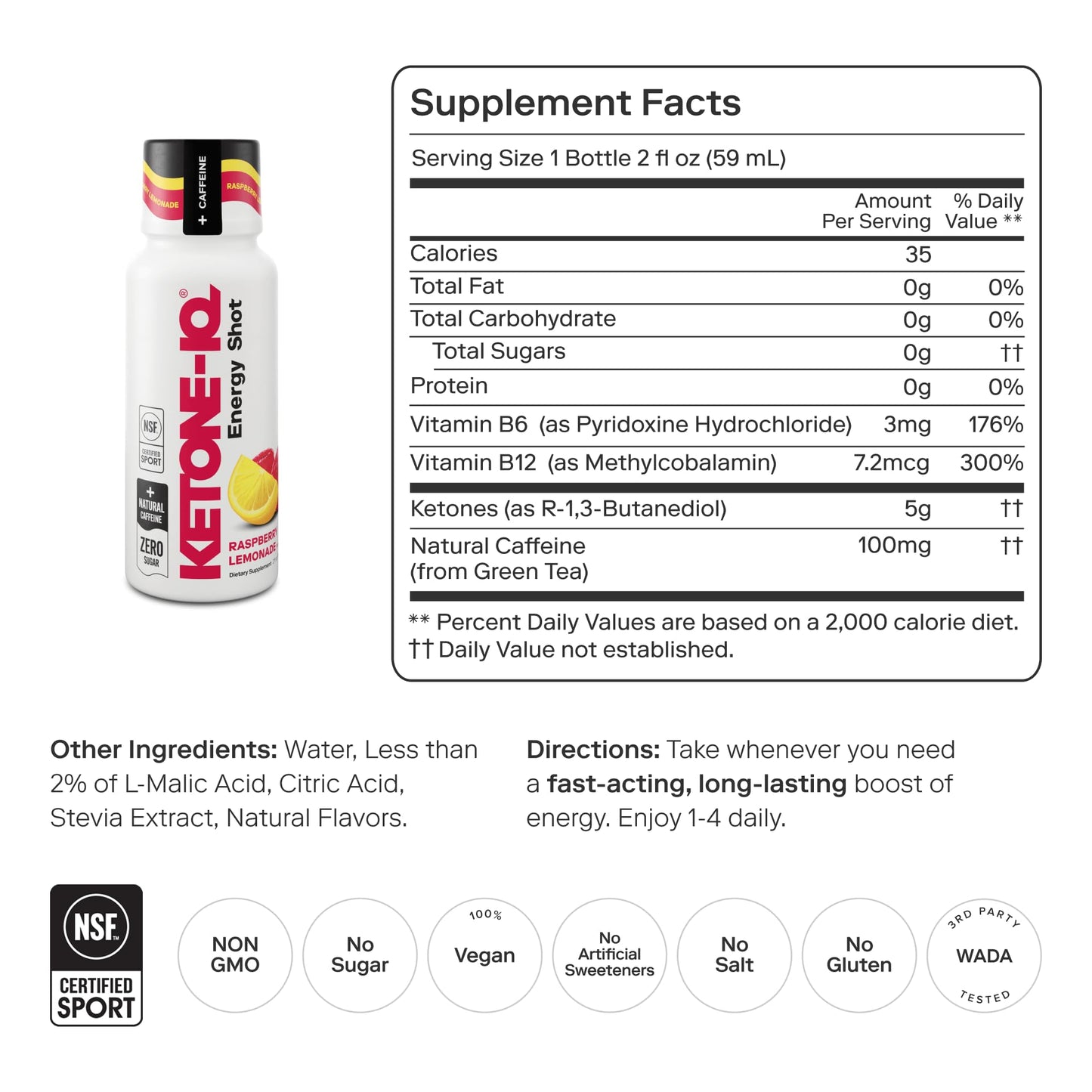 Ketone-IQ Exogenous Ketone Energy Shots with Caffeine - 12 Pack of Green Tea Caffeine Shots with 5g Bioidentical Ketones and B Vitamins - Fast Acting, On The Go Clean Energy Drink (Raspberry Lemonade) Ketone-IQBuy Supplements Australia