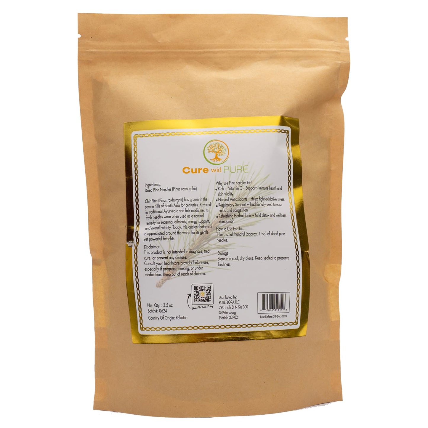 Cure Wid Pure Pine Needle Tea 3.5 Oz – 50 Cups Pine Tea – Wild Harvested from Pakistan in Eco-Friendly Resealable Pouch | Aromatic & Soothing Caffeine-Free Herbal Tea, Antioxidant & Immune Support Cure wid Pure buy supplements Au