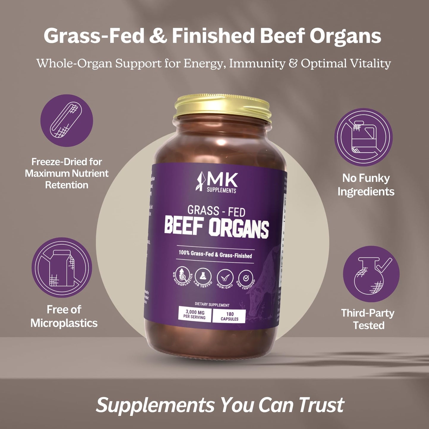 MK Supplements Grass-Fed Beef Organs Capsules | 5 Organs in Nature-Identical Ratios | B12, Copper & Heme Iron | Regeneratively Raised | 150 Capsules MK SupplementsBuy Supplements Australia
