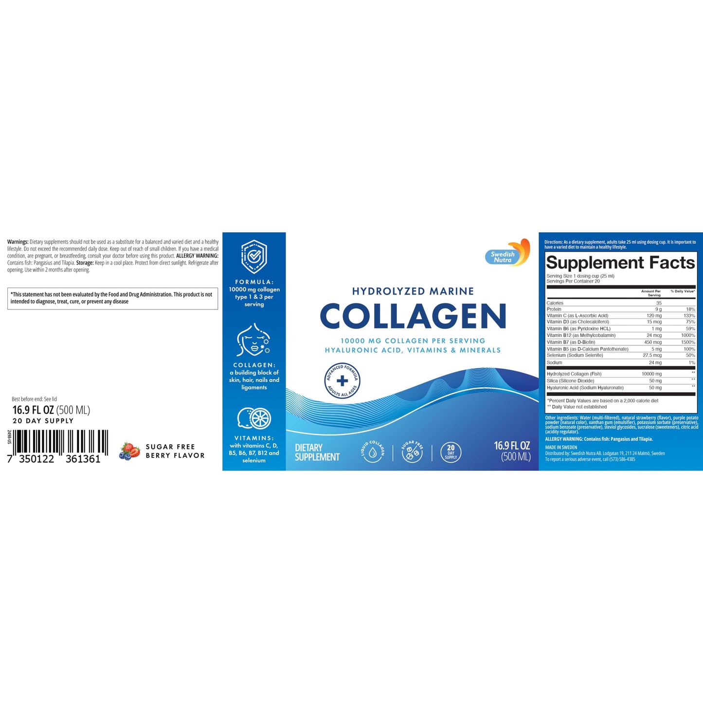 Swedish Nutra 10,000 mg Hydrolyzed Marine Collagen Liquid Supplement - 500 ml, 20 Day Supply | Hyaluronic Acid, Biotin & Vitamin C for Healthy Hair, Skin, Nails & Joints | For Men & Women | Sugar-Free Swedish Nutra buy supplements Au