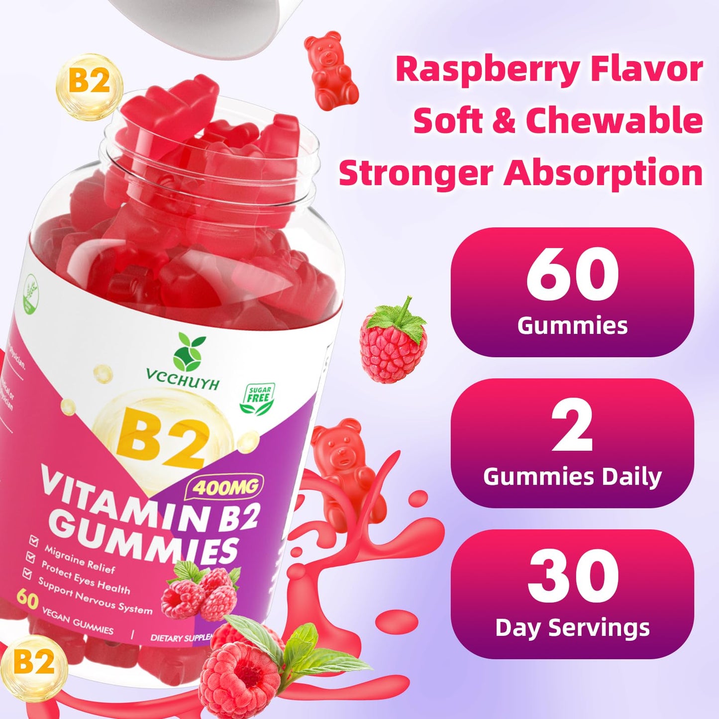 VCCHUYH Vitamin B2 Gummies for Kids & Adults, VIT B2 Riboflavin 400mg Supplement with Magnesium for Migraine Relief & Nervous System Support, Non-GMO,