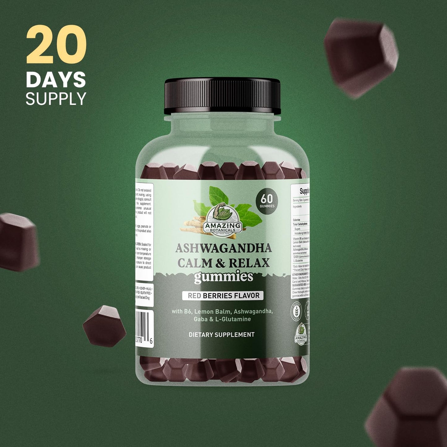 Ashwagandha Calm & Relax Gummies with Vitamin B6, Lemon Balm, GABA & L-Glutamine – 60 Gummies – Red Berries Flavor – Improve Sleep, Stress Relief & Mood – Vegan, Gluten-Free, Non-GMO Amazing BotanicalsBuy Supplements Australia