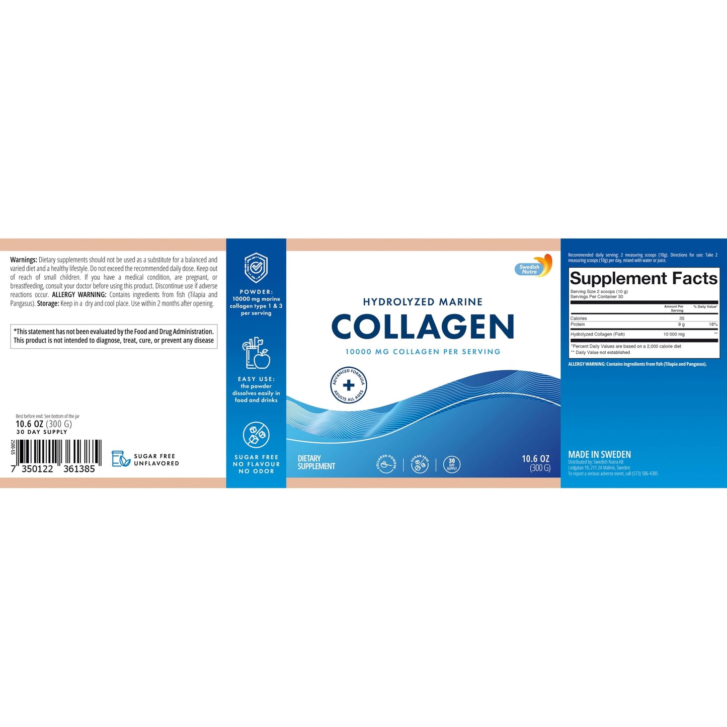 Swedish Nutra 10,000 mg Hydrolysed Marine Collagen Powder Supplement - 30 Day Supply| Type 1 & 3 Collagen, Pure Peptides for Healthy Hair, Skin, Nails, Joints I Unflavored | 100% Natural | Sugar-Free Swedish Nutra buy supplements Au
