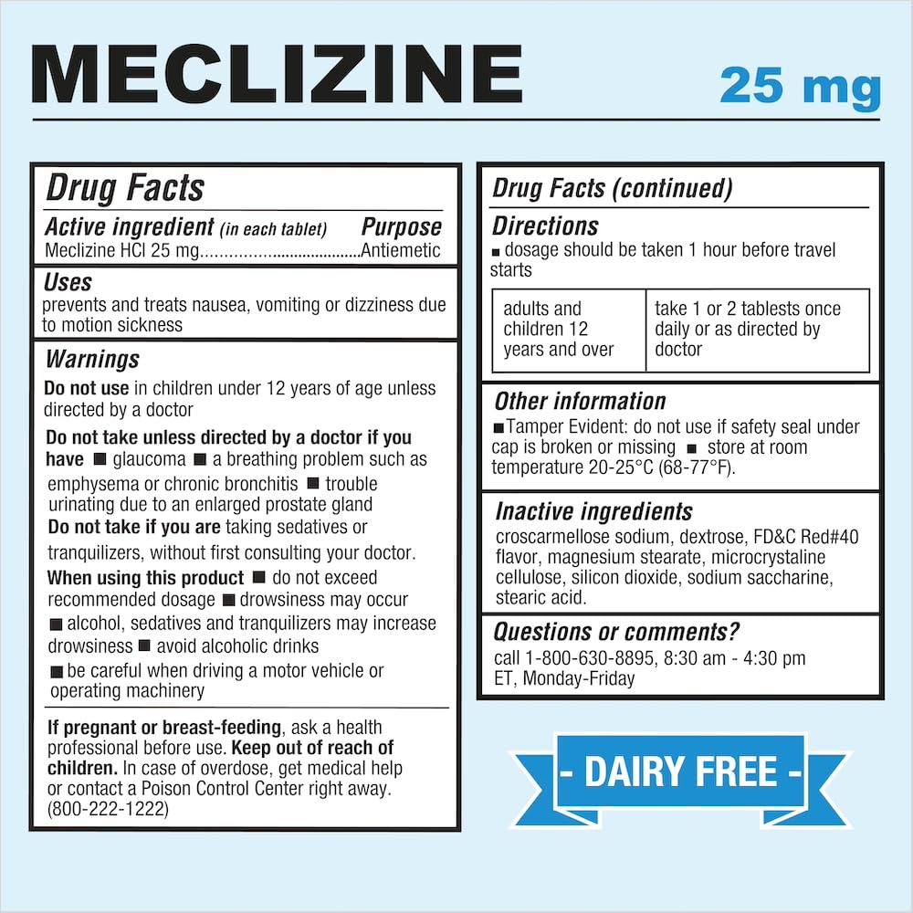 Puregen Labs Meclizine 25 mg Antiemetic 200 chewable Tablets | Motion Sickness Relief - Prevent Nausea, Vomiting, and Dizziness | Dairy Free | Value Pack – 200 chewable Tablets P Puregen Labs buy supplements Au