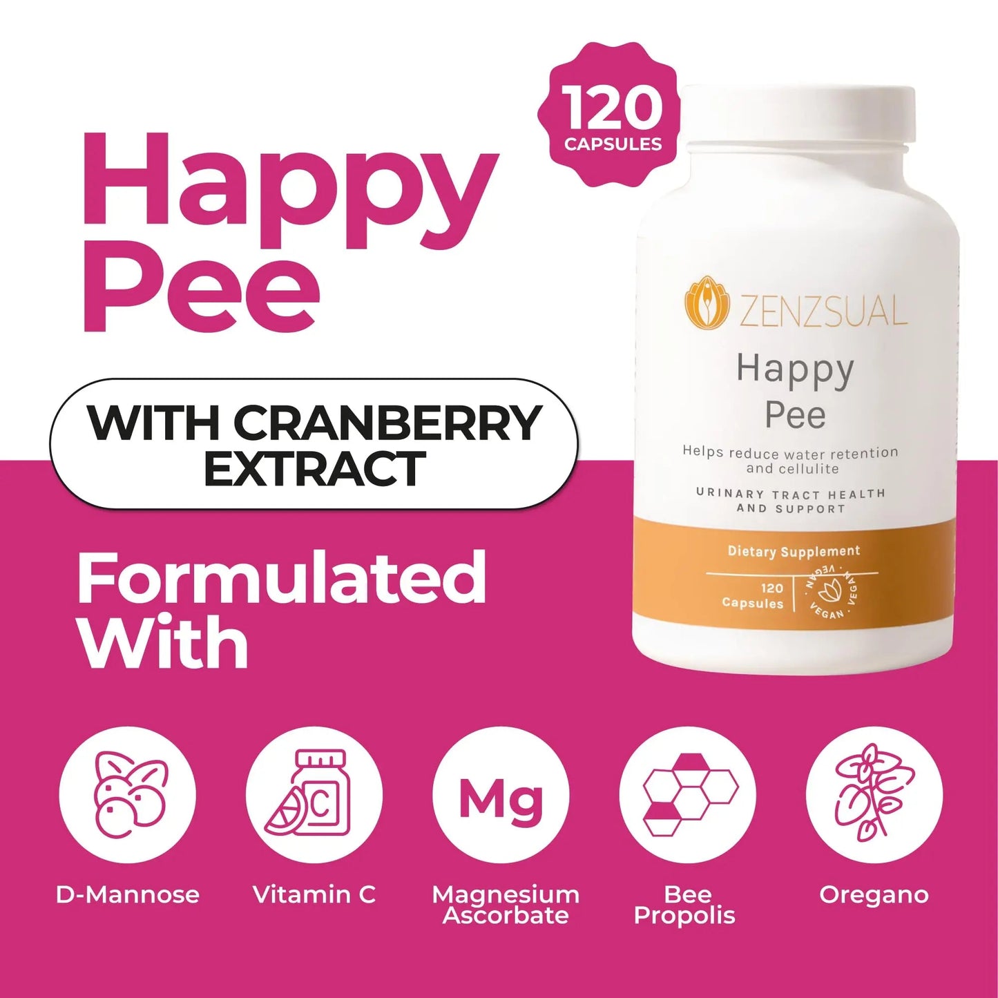 ZENZSUAL Happy Pee, 120 Capsules – Urinary Tract Support & Bladder Health Supplement with Cranberry, D-Mannose, Vitamin C and Oregano for Women and Men – Healthy Flow, Comfort & Fluid Balance ZENZSUALBuy Supplements Australia