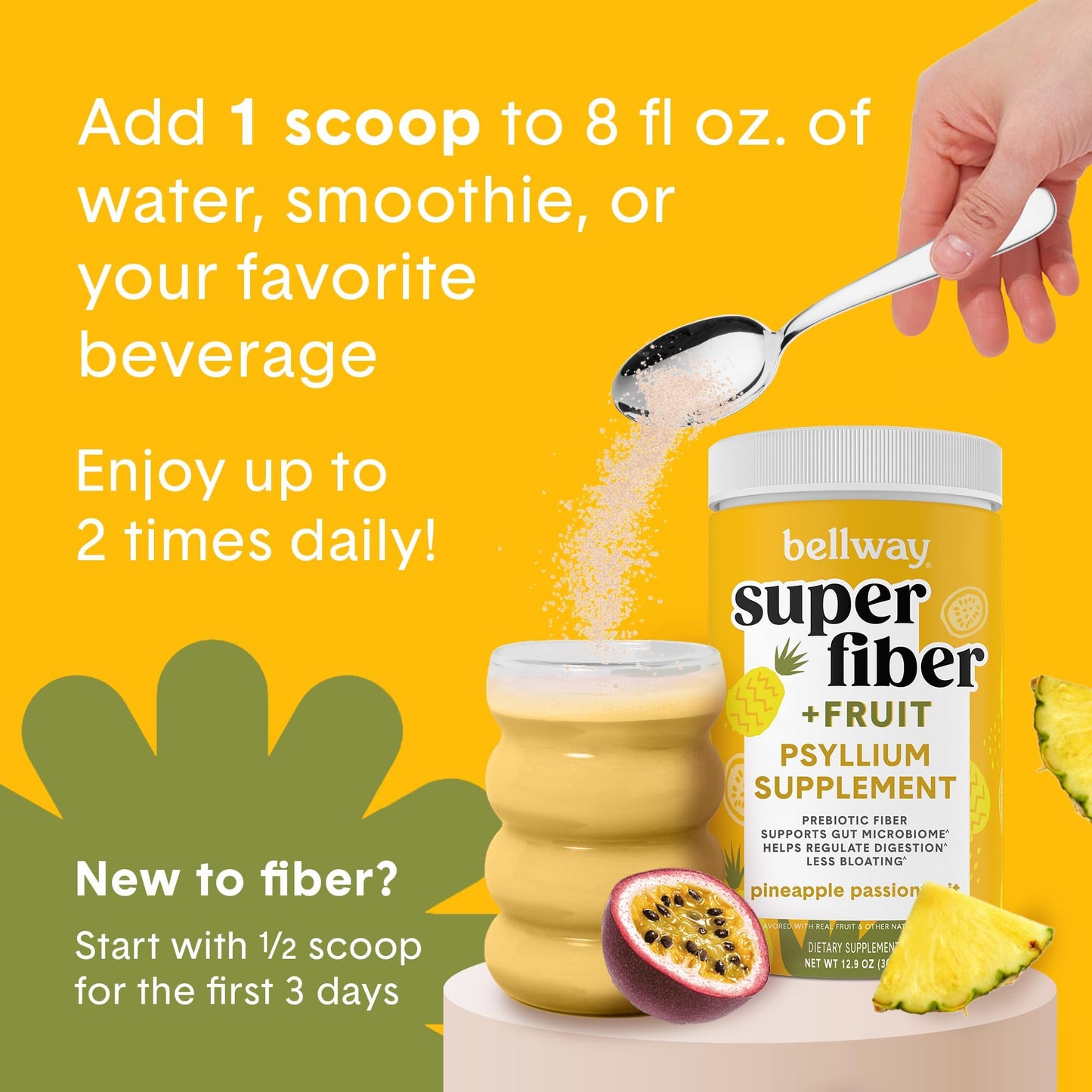 Bellway Super Fiber Powder + Fruit, Sugar Free Organic Psyllium Husk Powder Fiber Supplement for Regularity, Bloating Relief & Digestive Health, Plant-Based,