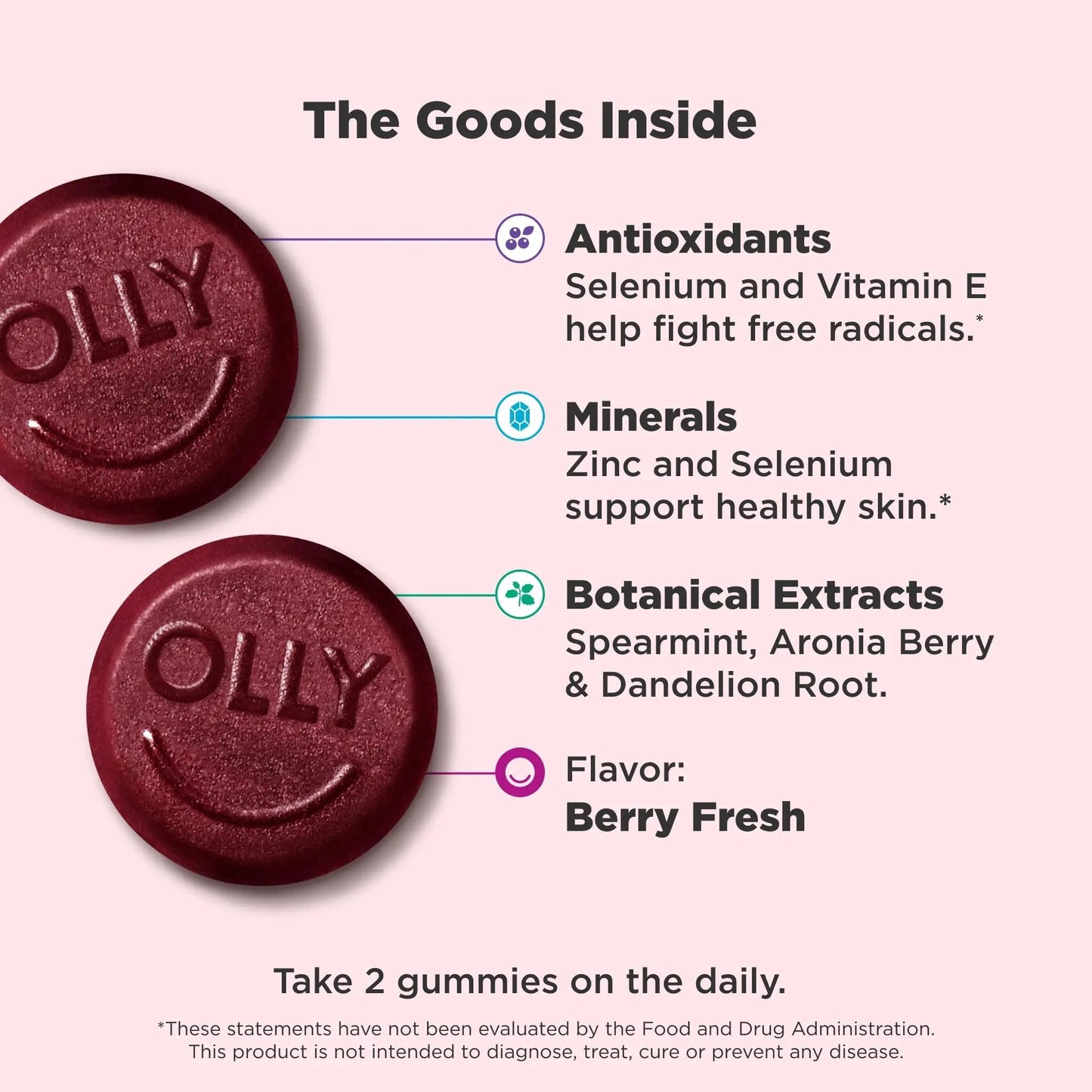 OLLY Flawless Complexion Gummy, Clear and Healthy Skin Support, Vitamins E, A, Zinc, Chewable Supplement, Berry - 50 Count (Pack of 1) OLLY