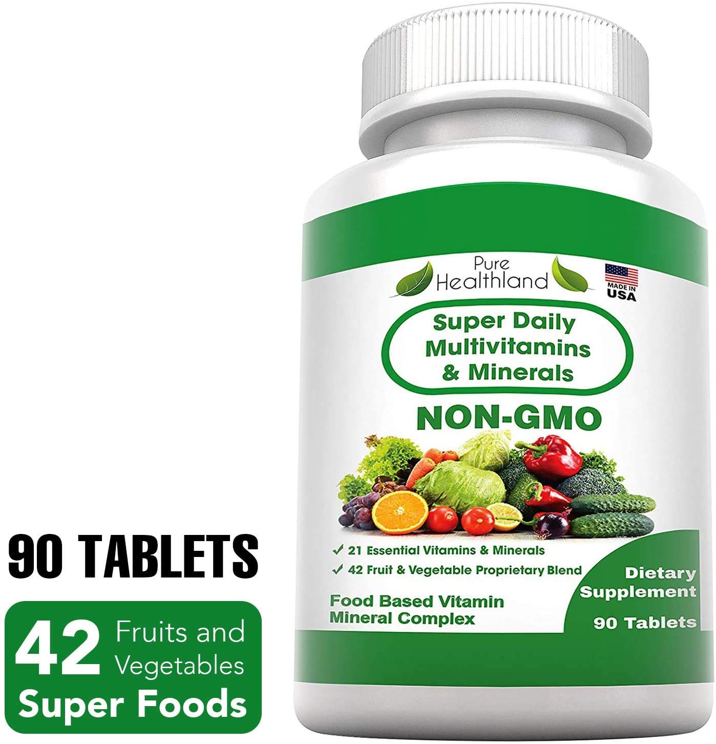 Pure Heathland Non-GMO Super Daily Multivitamin for Adults – 42 Natural Fruits & Vegetables Blend with 21 Essential Vitamins & Minerals – Vegan Coating Tablets, 90 Count, Made in USA Pure HealthlandBuy Supplements Australia