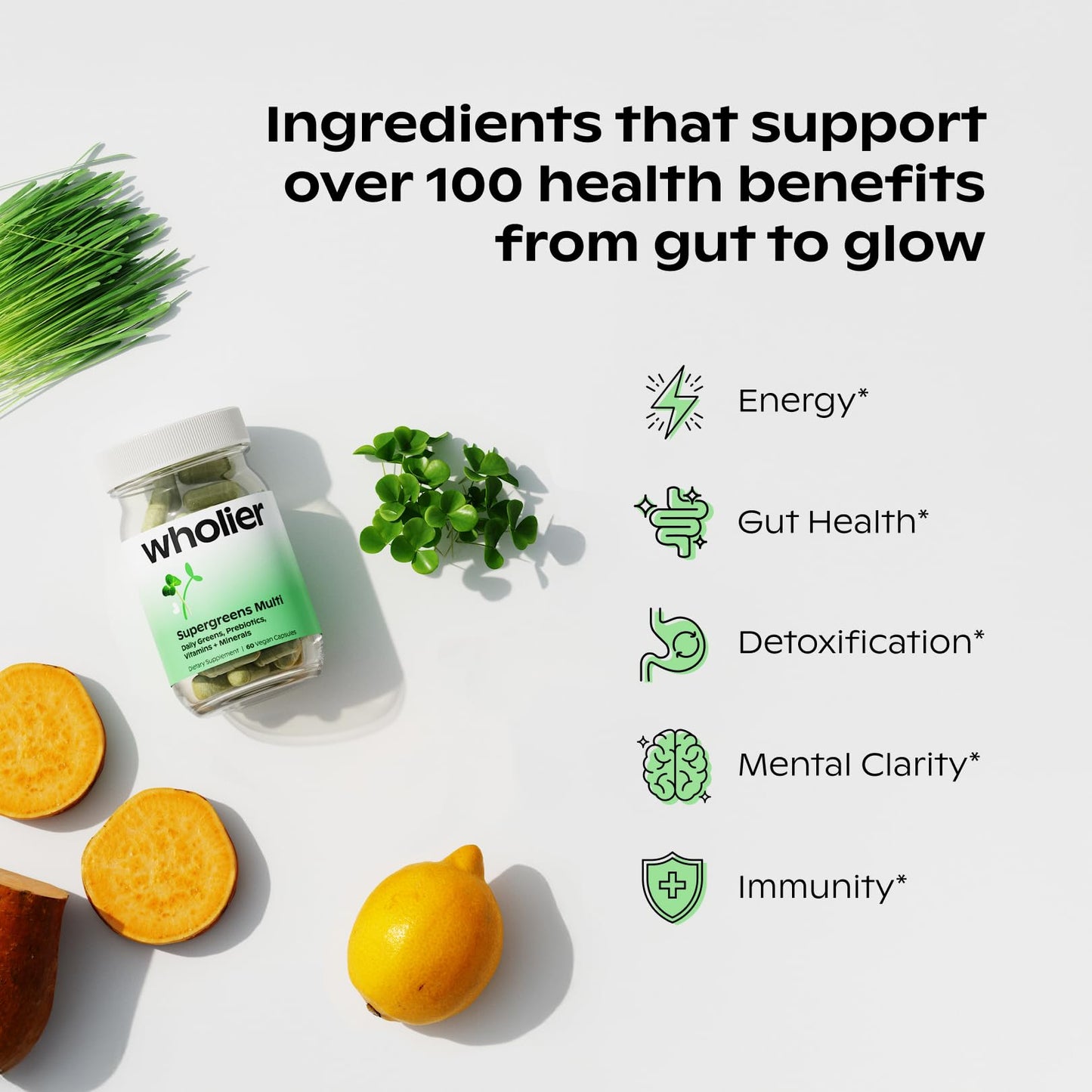 wholier Supergreens Multi, Daily Greens, Vegan Multivitamin for Women + Men, Whole Food Vitamins + Minerals, Prebiotics for Gut Health, Adaptogens (60 Vegan Capsules) Glass Bottle wholierBuy Supplements Australia