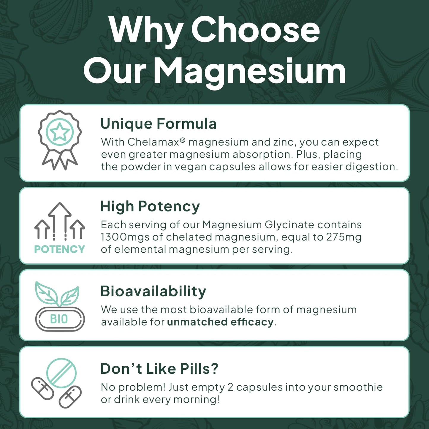 Organics Ocean Pure Magnesium Glycinate with Zinc - Maximum Strength Chelated Magnesium Supplement for Women and Men