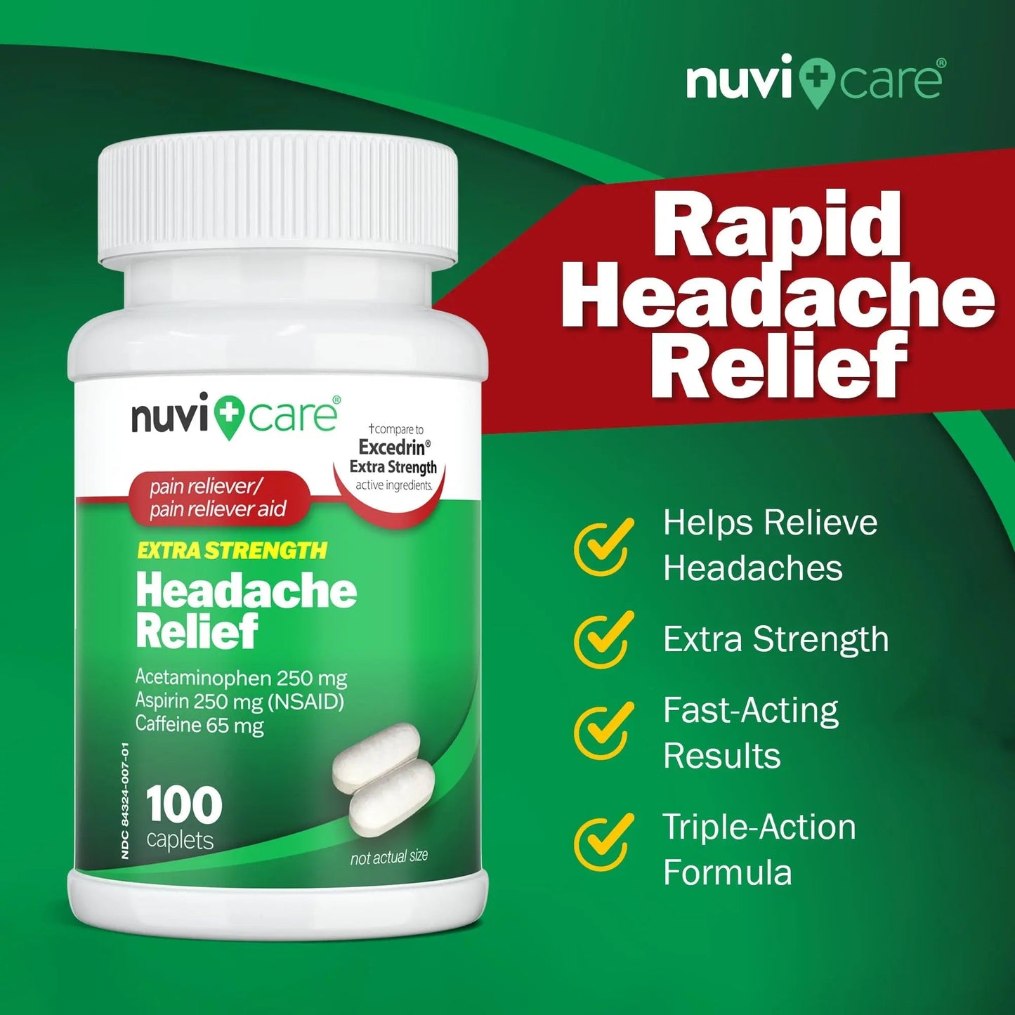 NUVICARE Headache Relief with Acetaminophen 250 mg, Aspirin (NSAID) 250 mg, Caffeine 65 mg - Temporary Relief of Minor Aches & Pains - Compare to Excedrin Extra Strength Pain Reliever (2 Pack) NUVICAREBuy Supplements Australia