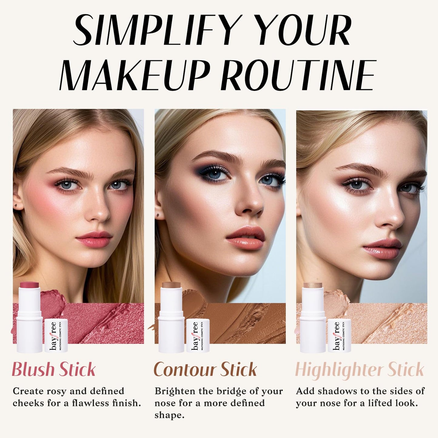 KIMUSE Face Sticks Trio, Cream Blush Stick & Highlighter Stick & Contour Stick for Sculpt the Cheeks, Long Lasting Cream Contour Stick Trio for Face Makeup, with Brush KIMUSEBuy Supplements Australia