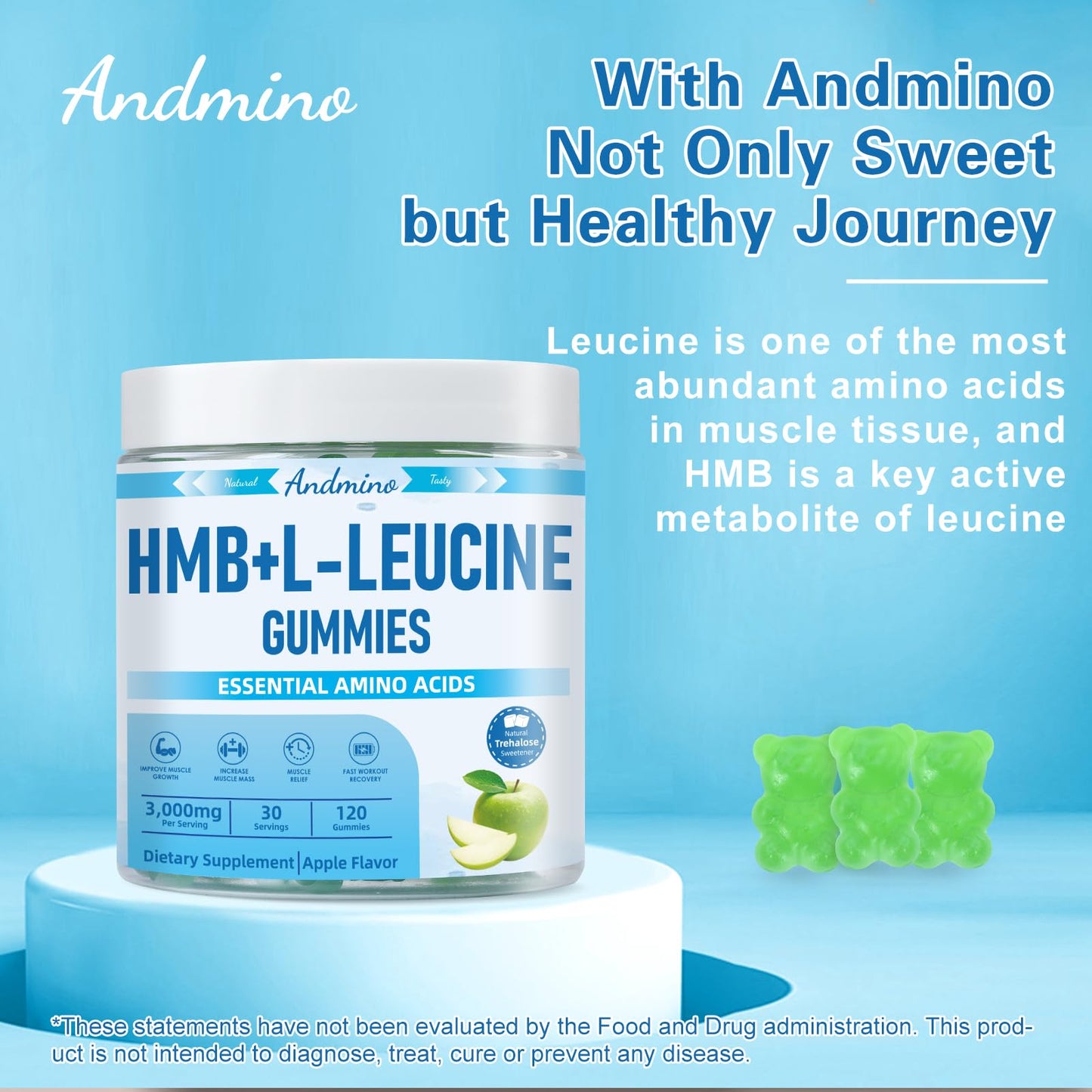 andmino HMB and L-Leucine Gummies, 3000mg, with Trehalose, for Muscle Growth, Muscle Relief and Workout Recovery, for Adults & Elder, Non-GMO
