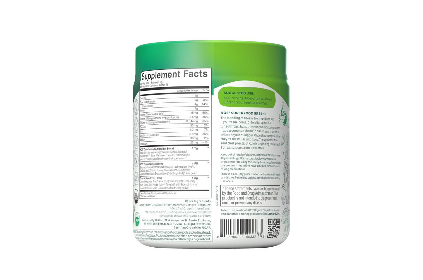 KOS Organic Super Greens Powder Erythritol Free - Plant Based Superfood Blend with Spirulina, Chlorella & Wheatgrass - USDA Certified Organic, Green Juice Smoothie - Apple Flavor - 28 Servings KOS buy supplements Au